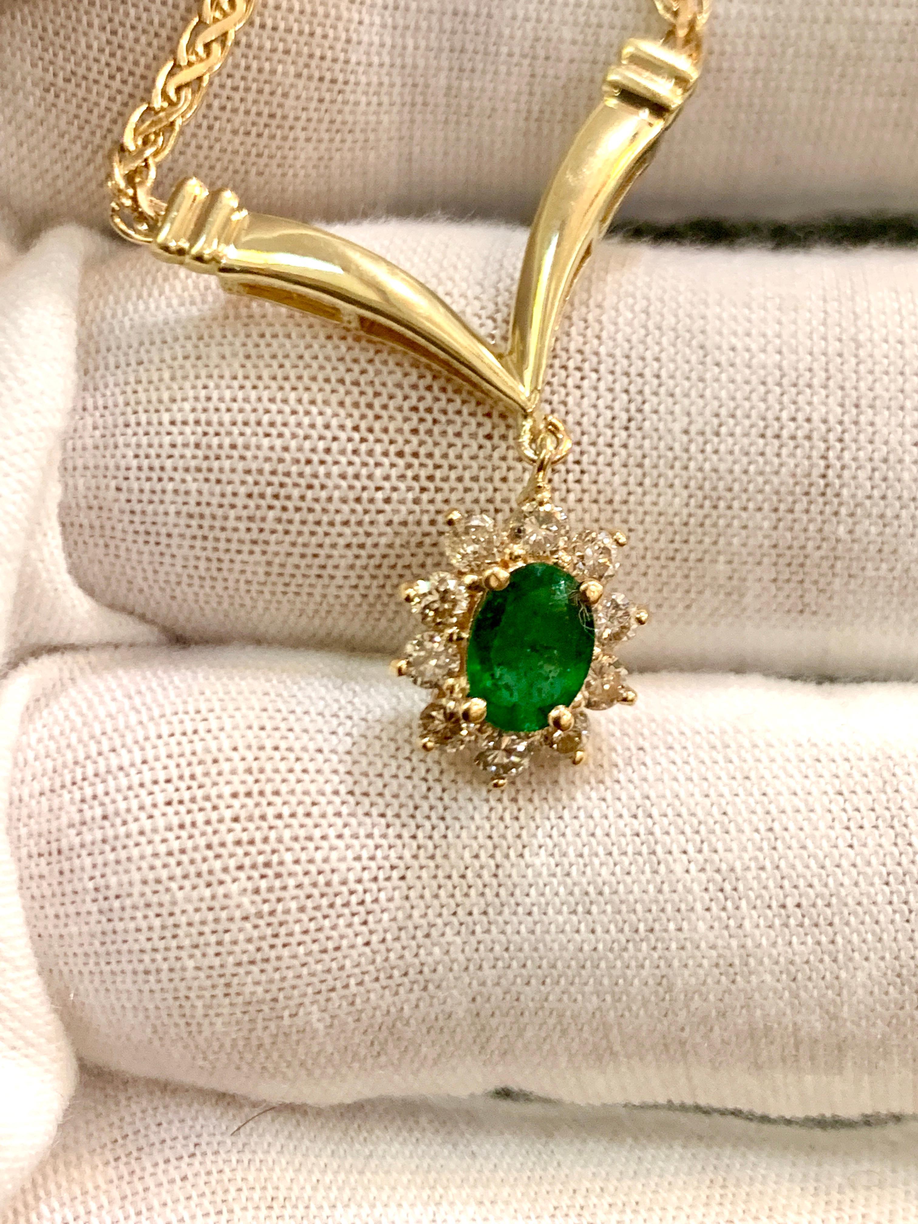 1.2 Carat Oval Shape Emerald & .5 Carat Diamond Necklace in 14 Karat Yellow Gold 4