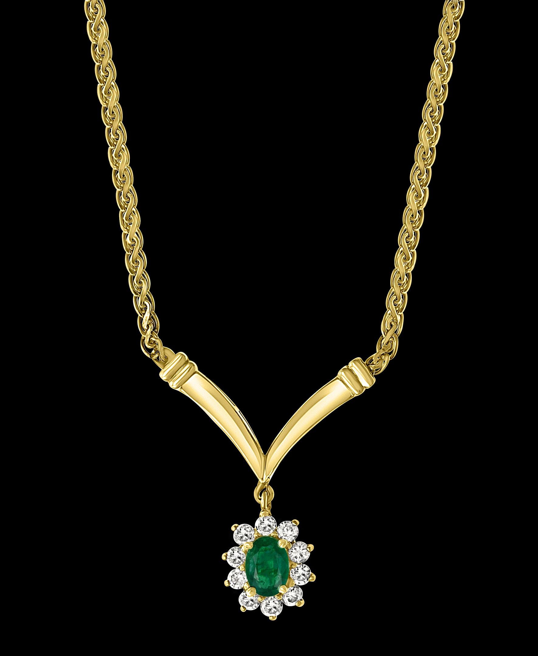 Approximately 1.2 Carat Oval Shape Emerald & .5 Carat Diamond Necklace in 14 Karat Yellow Gold
This Simple yet elegant Necklace  consisting of a single oval shape emerald surrounding by brilliant cut round diamonds with a solid 14 Karat yellow gold