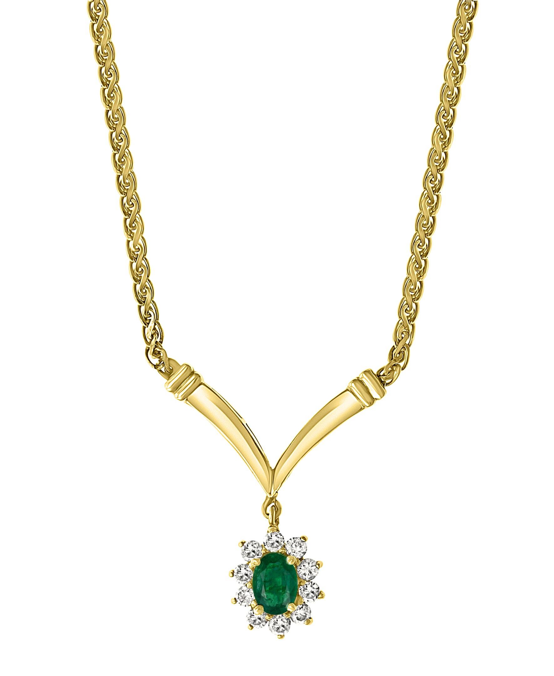 Oval Cut 1.2 Carat Oval Shape Emerald & .5 Carat Diamond Necklace in 14 Karat Yellow Gold