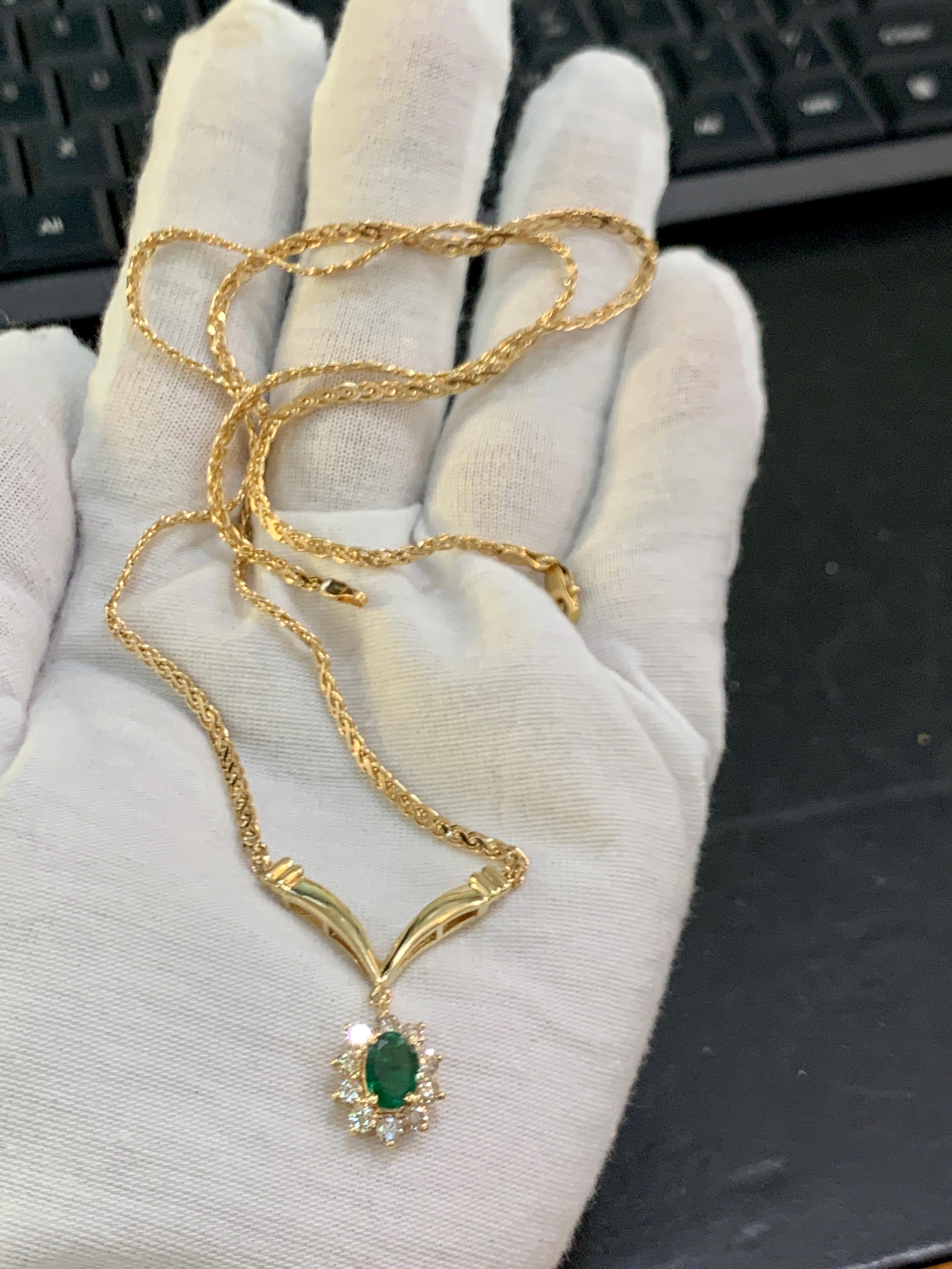 1.2 Carat Oval Shape Emerald & .5 Carat Diamond Necklace in 14 Karat Yellow Gold 2