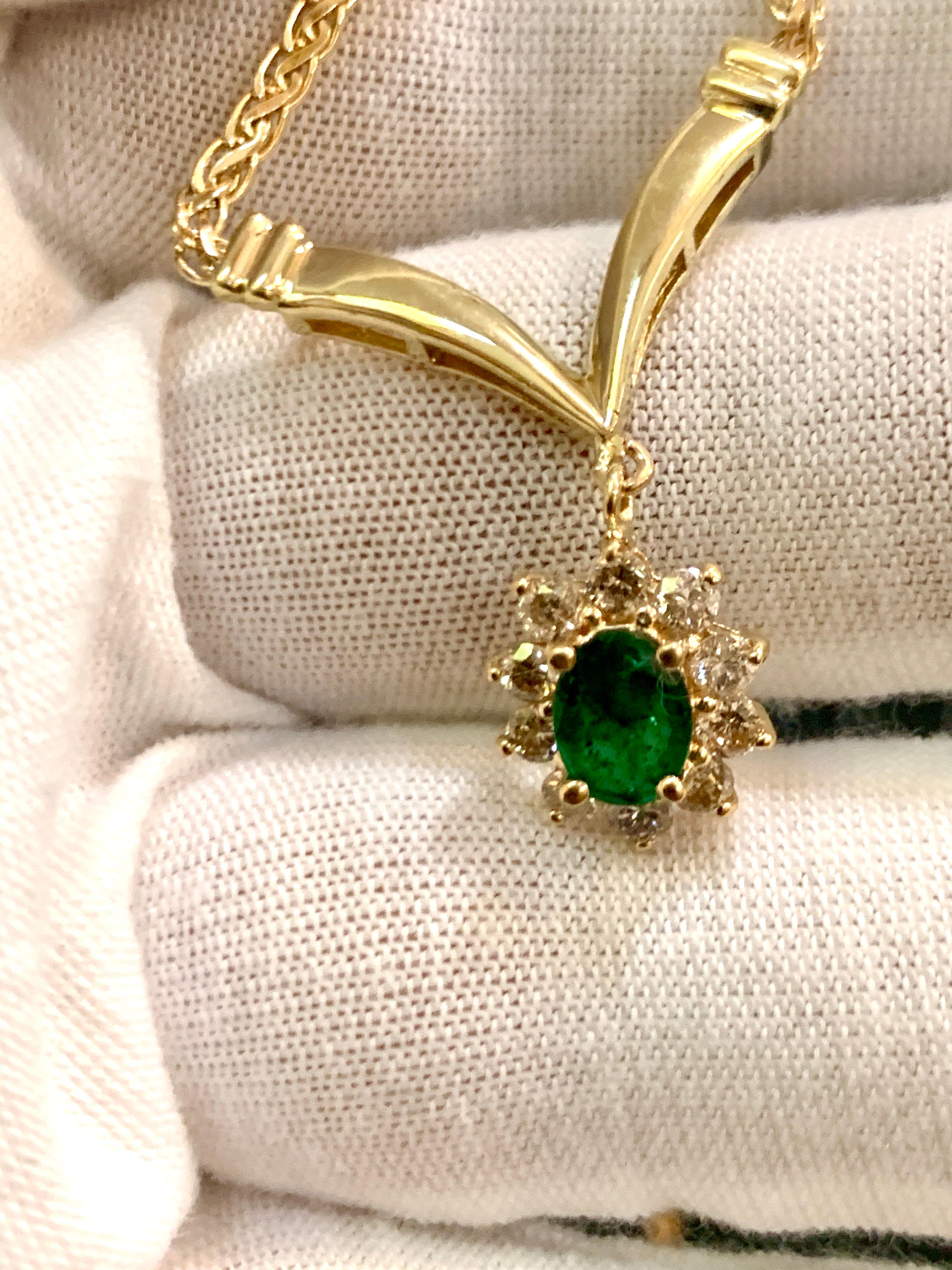 1.2 Carat Oval Shape Emerald & .5 Carat Diamond Necklace in 14 Karat Yellow Gold 3