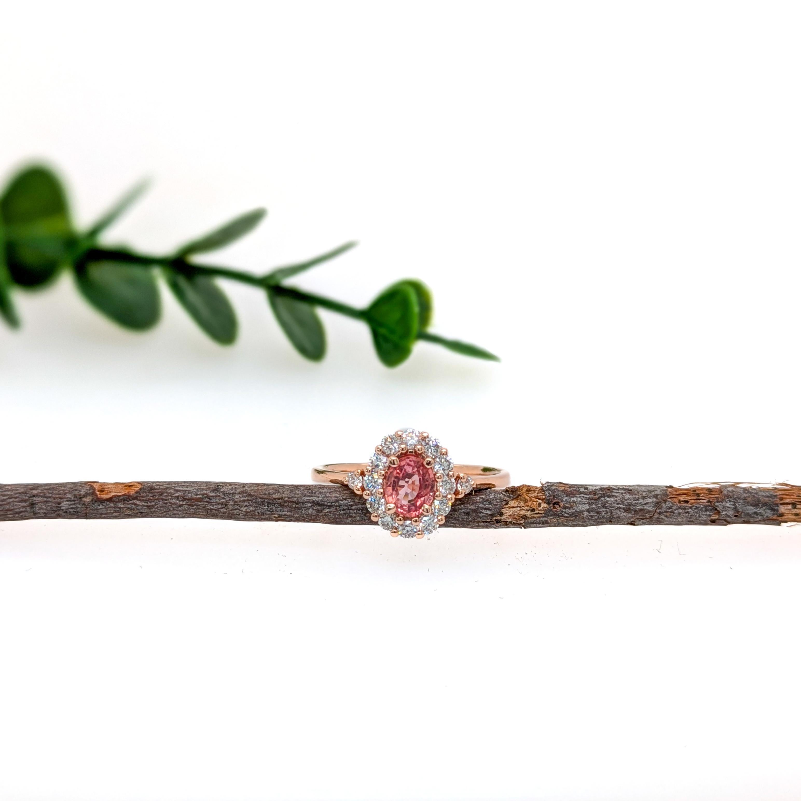 Art Deco 1.2 Carat Padparadscha Sapphire w Natural Diamond Halo in 14K Gold  OV 6x4.5mm