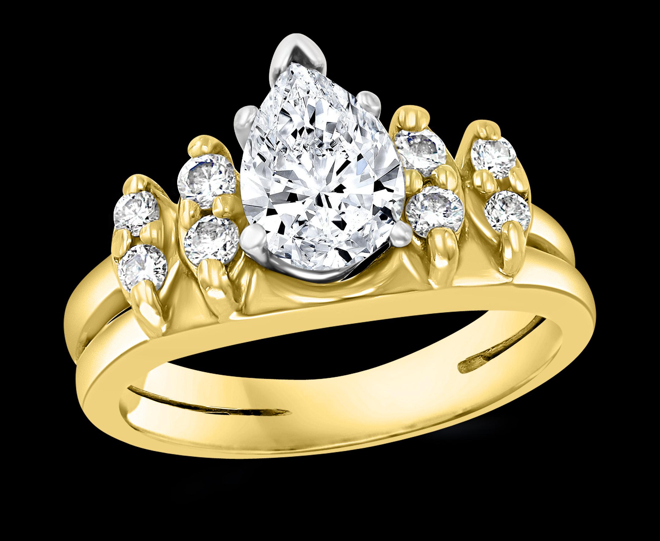 1 Carat Center Diamond  Engagement 14 Karat  Yellow Gold Ring  
14 K gold Stamped  4.5 Grams
Diamond VS quality and G/H color.
The size of the stone is roughly 8.5 X 5.7 which is almost equal to 1.20 ct approximately. Stone was not taken out to