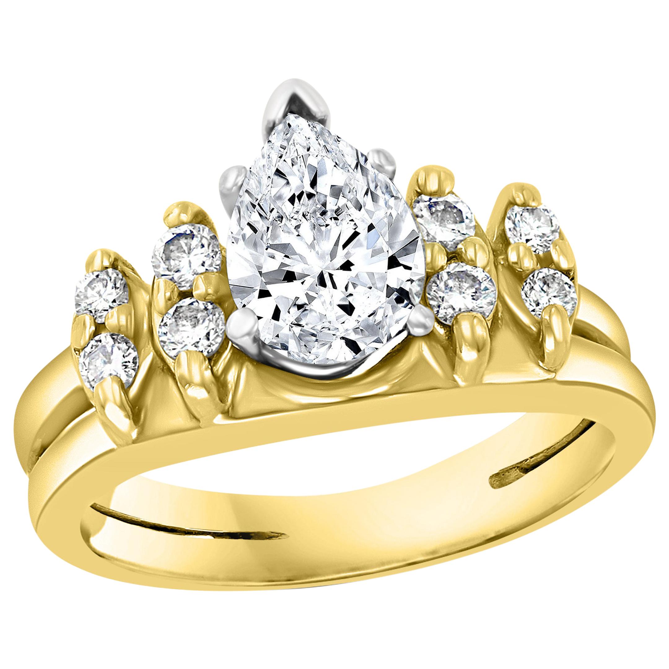 Bague de fiançailles en or jaune 14 carats avec diamant central en forme de poire de 1,0 carat