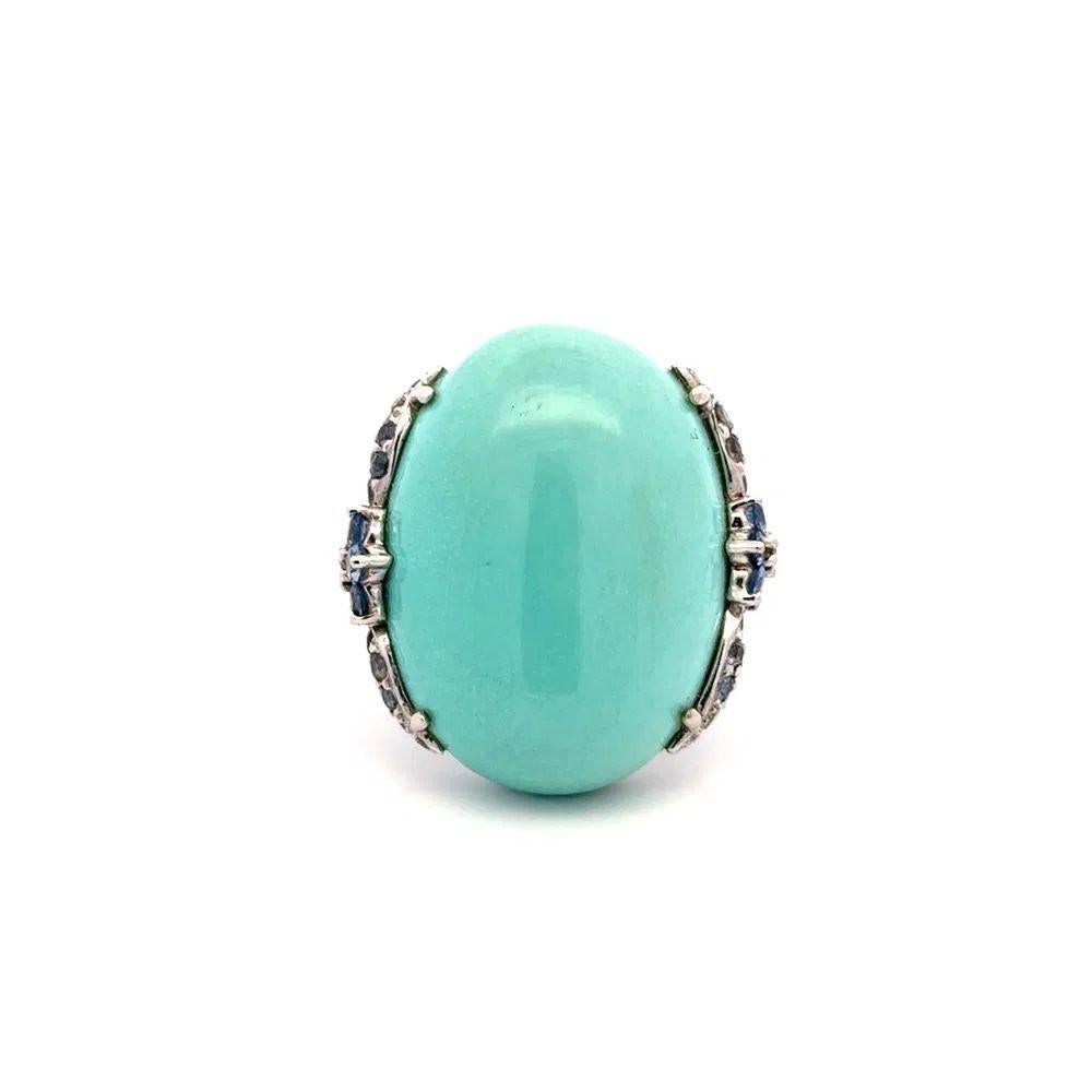 Mixed Cut 12 Carat Persian Turquoise, Sapphire and Diamond Platinum Statement Ring For Sale