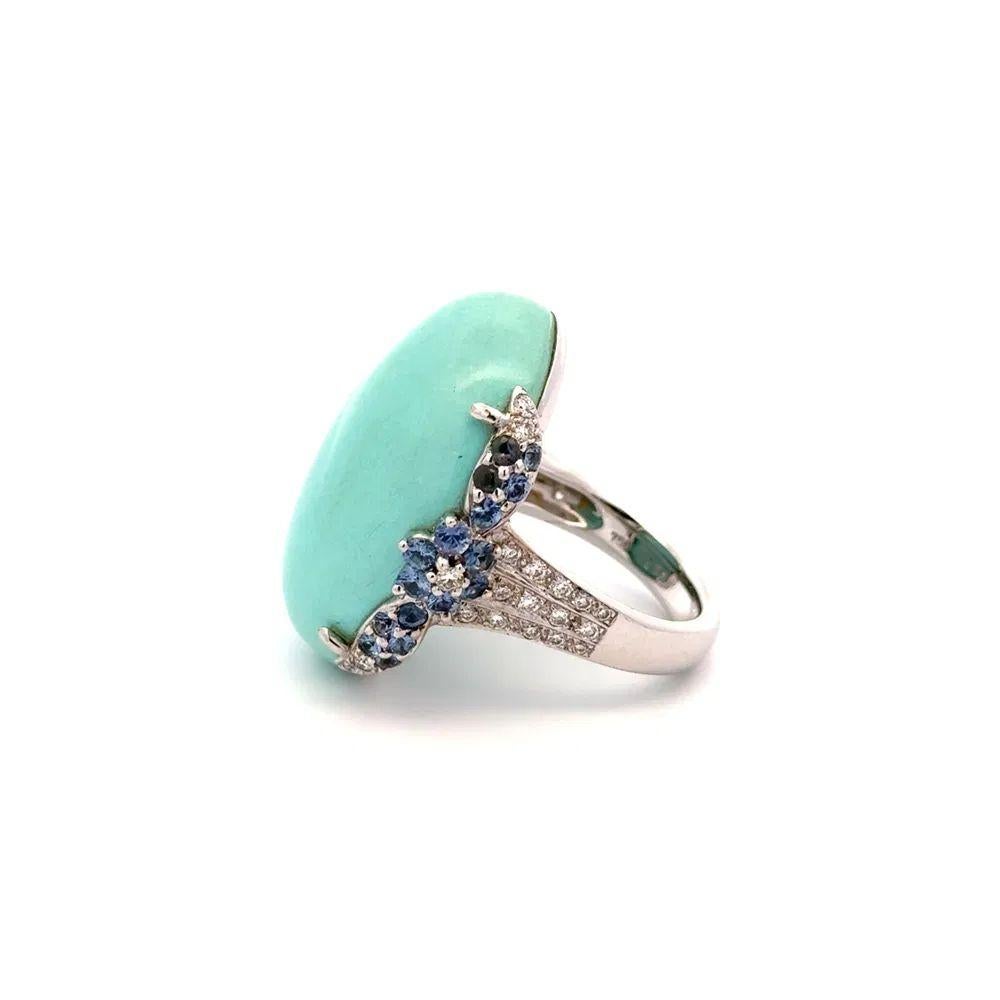 12 Carat Persian Turquoise, Sapphire and Diamond Platinum Statement Ring In Excellent Condition For Sale In Montreal, QC