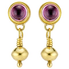 1.2 Carat Pink Tourmaline Cabochons, Gold Round Orb Beads Dangle Drop Earrings