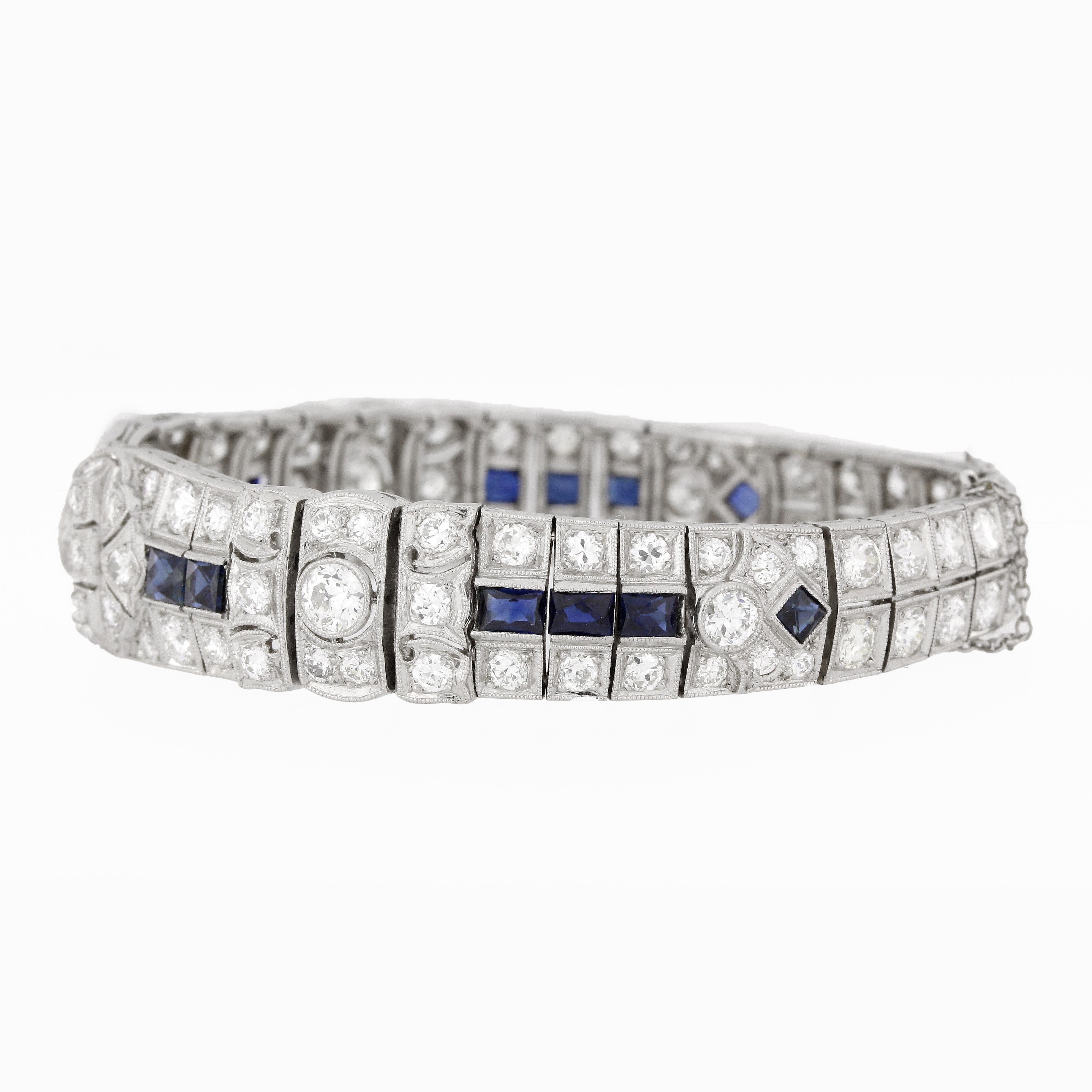 Old European Cut 12 Carat Platinum Art Deco Diamond Sapphire Bracelet For Sale