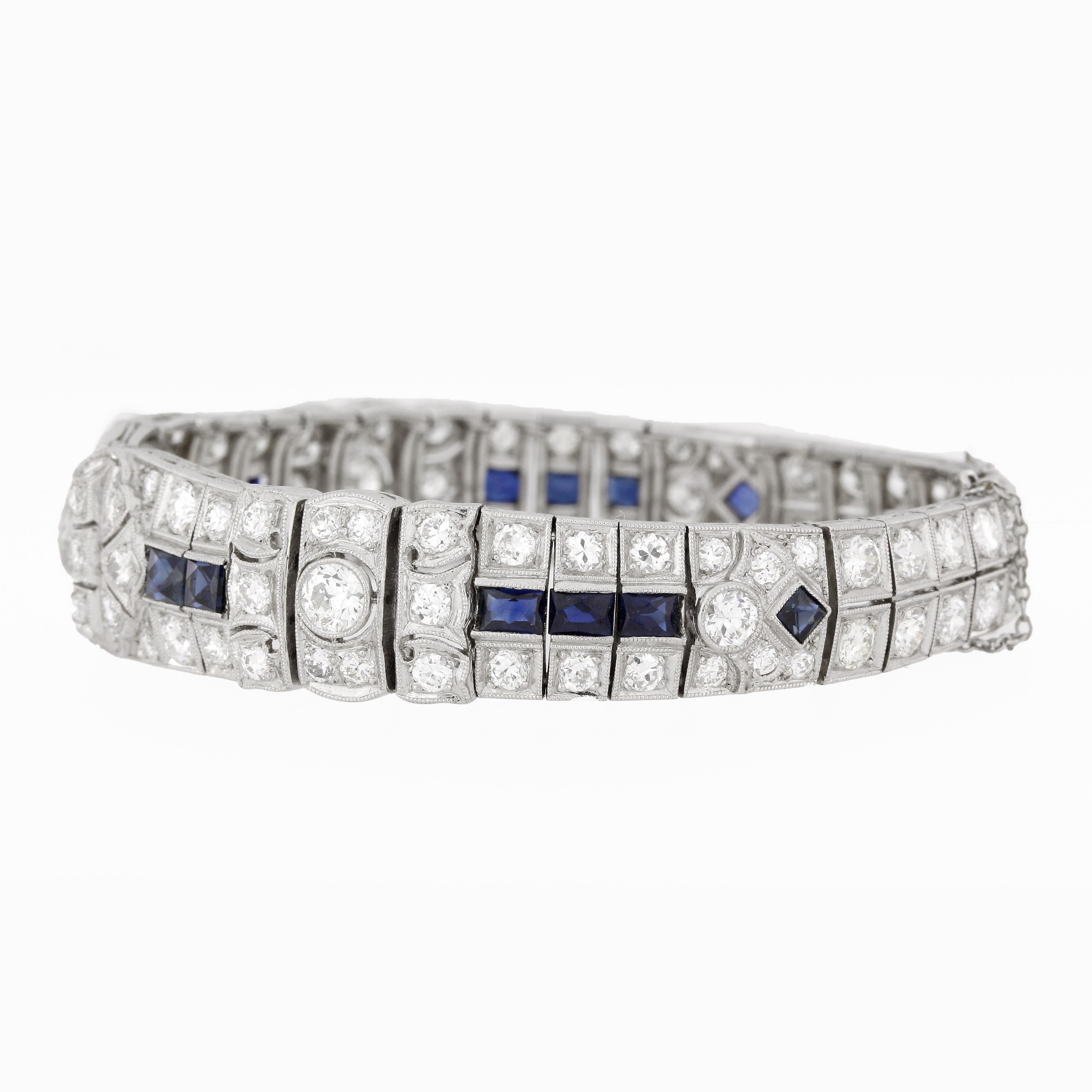 12 Karat Platin Art Deco Diamant-Saphir-Armband (Art déco) im Angebot