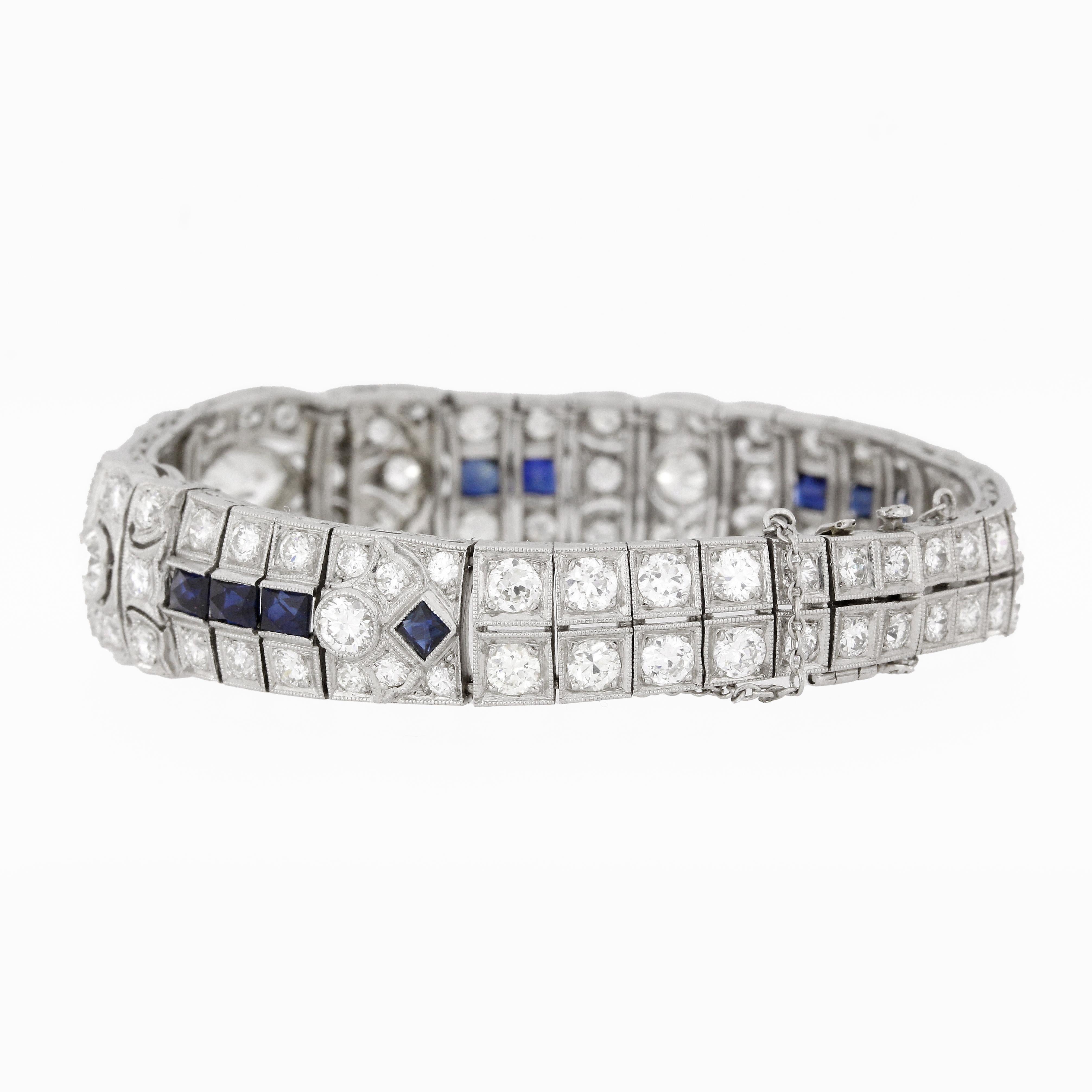 12 Karat Platin Art Deco Diamant-Saphir-Armband (Alteuropäischer Schliff) im Angebot