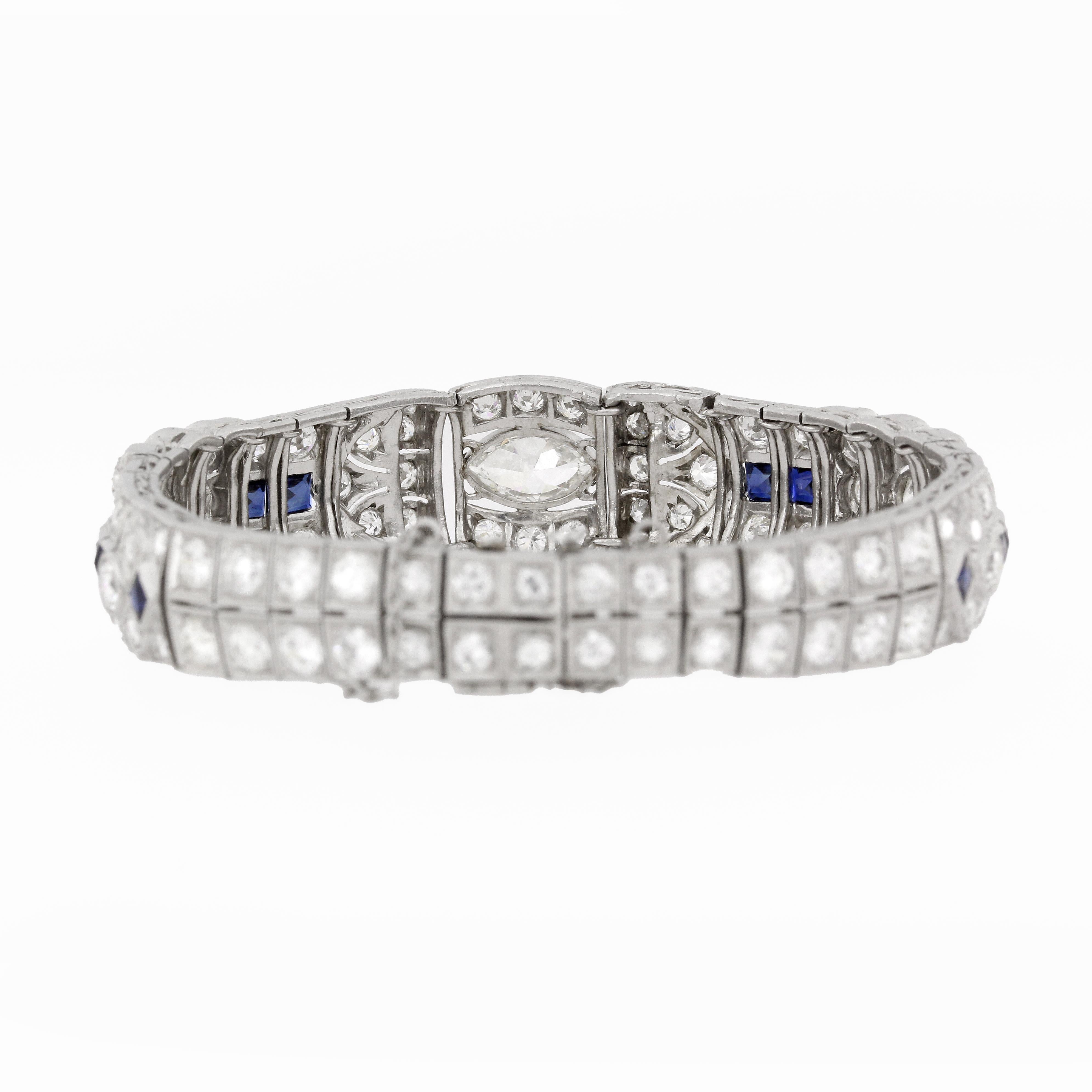Women's 12 Carat Platinum Art Deco Diamond Sapphire Bracelet For Sale