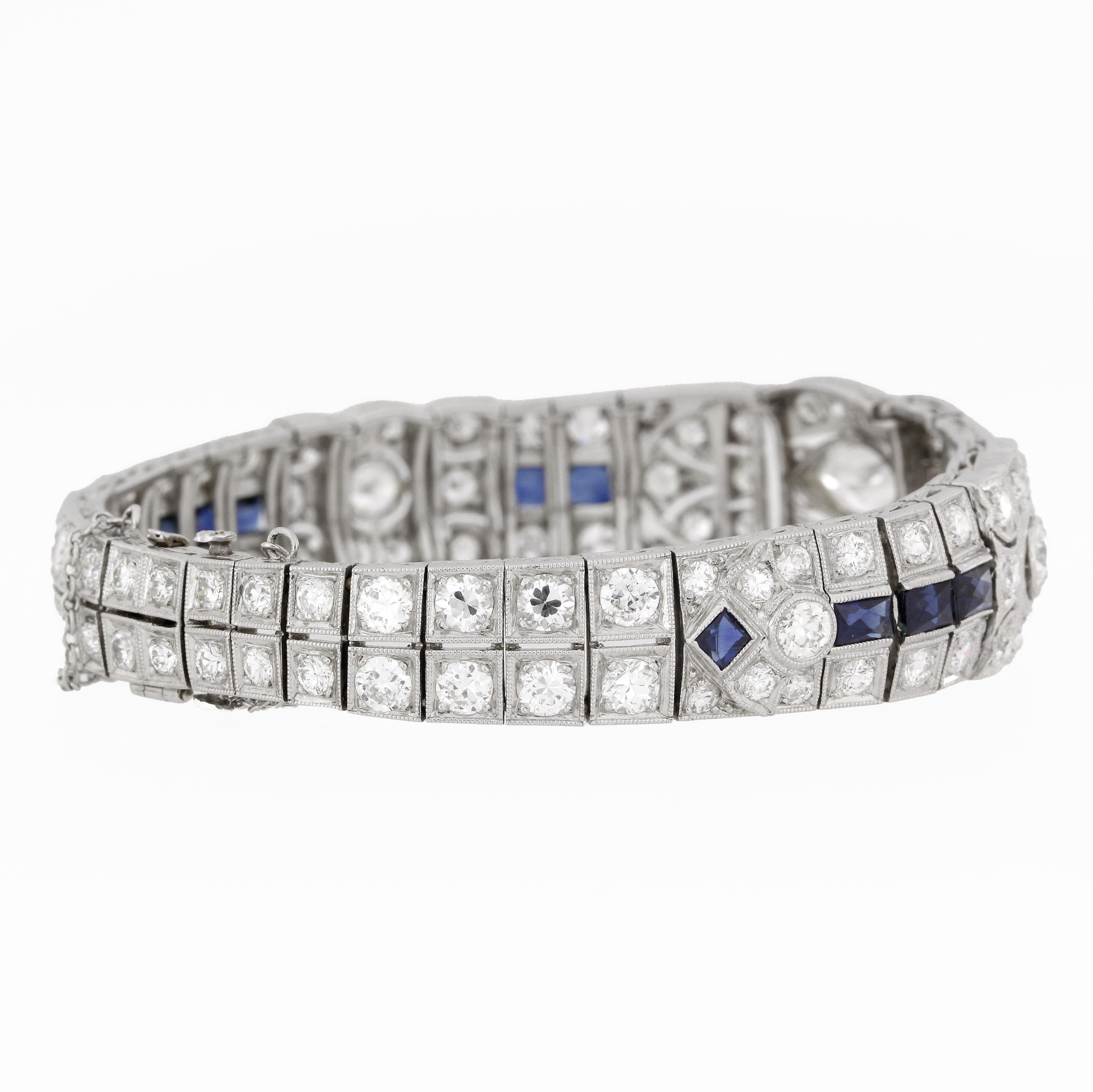 12 Carat Platinum Art Deco Diamond Sapphire Bracelet For Sale 1
