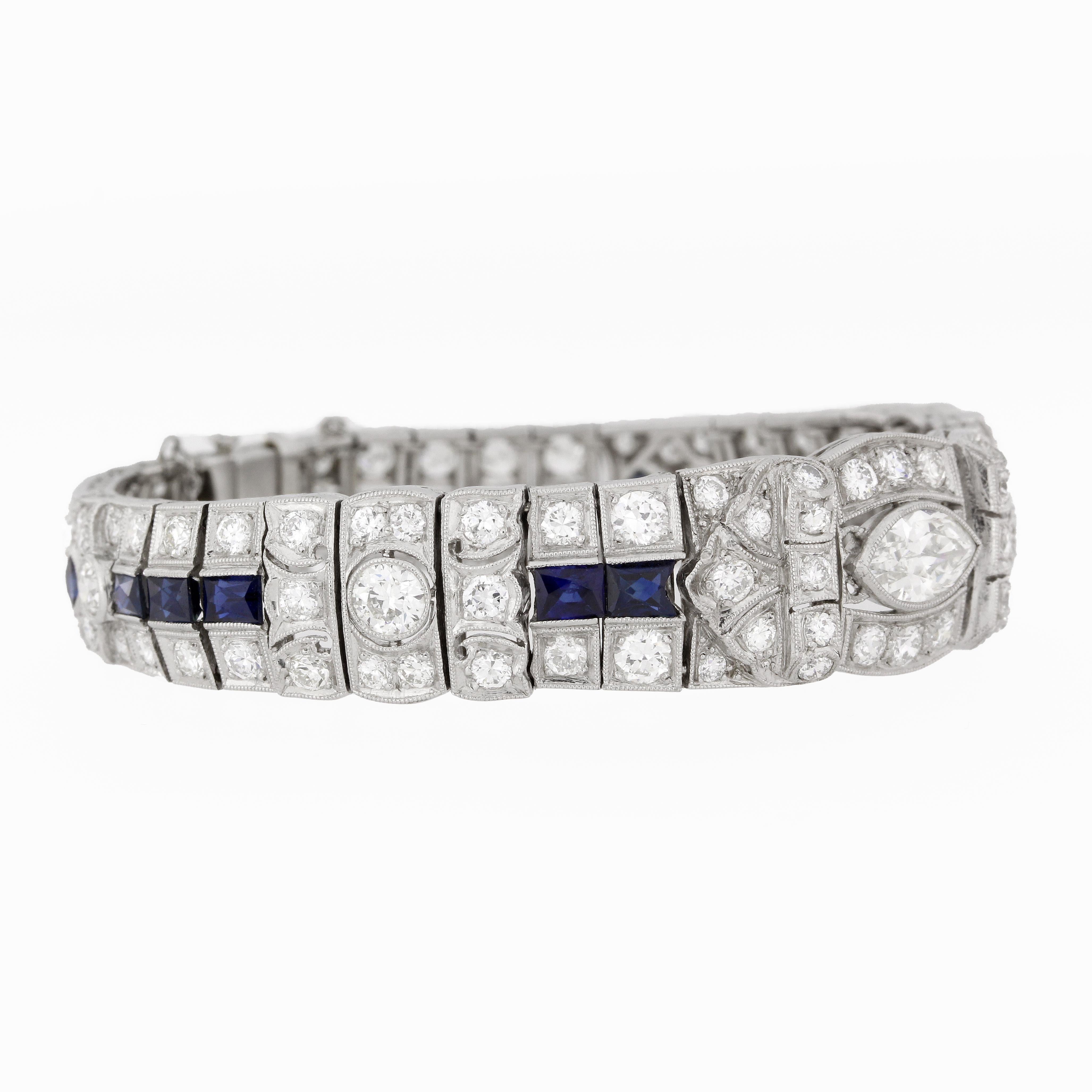 12 Carat Platinum Art Deco Diamond Sapphire Bracelet For Sale 3