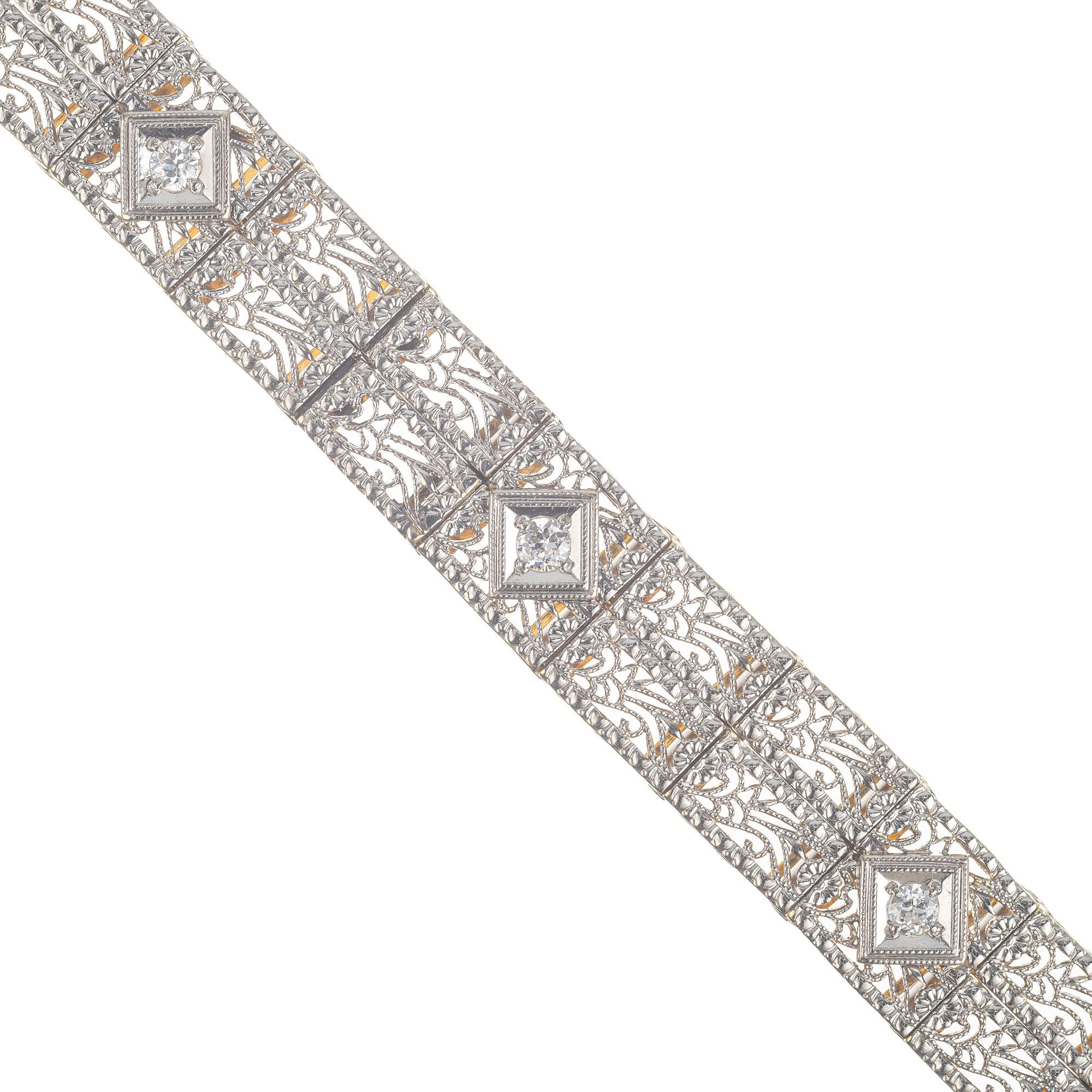 .12 Carat Round Diamond White Gold Art Deco Filigree Bracelet  Bon état - En vente à Stamford, CT