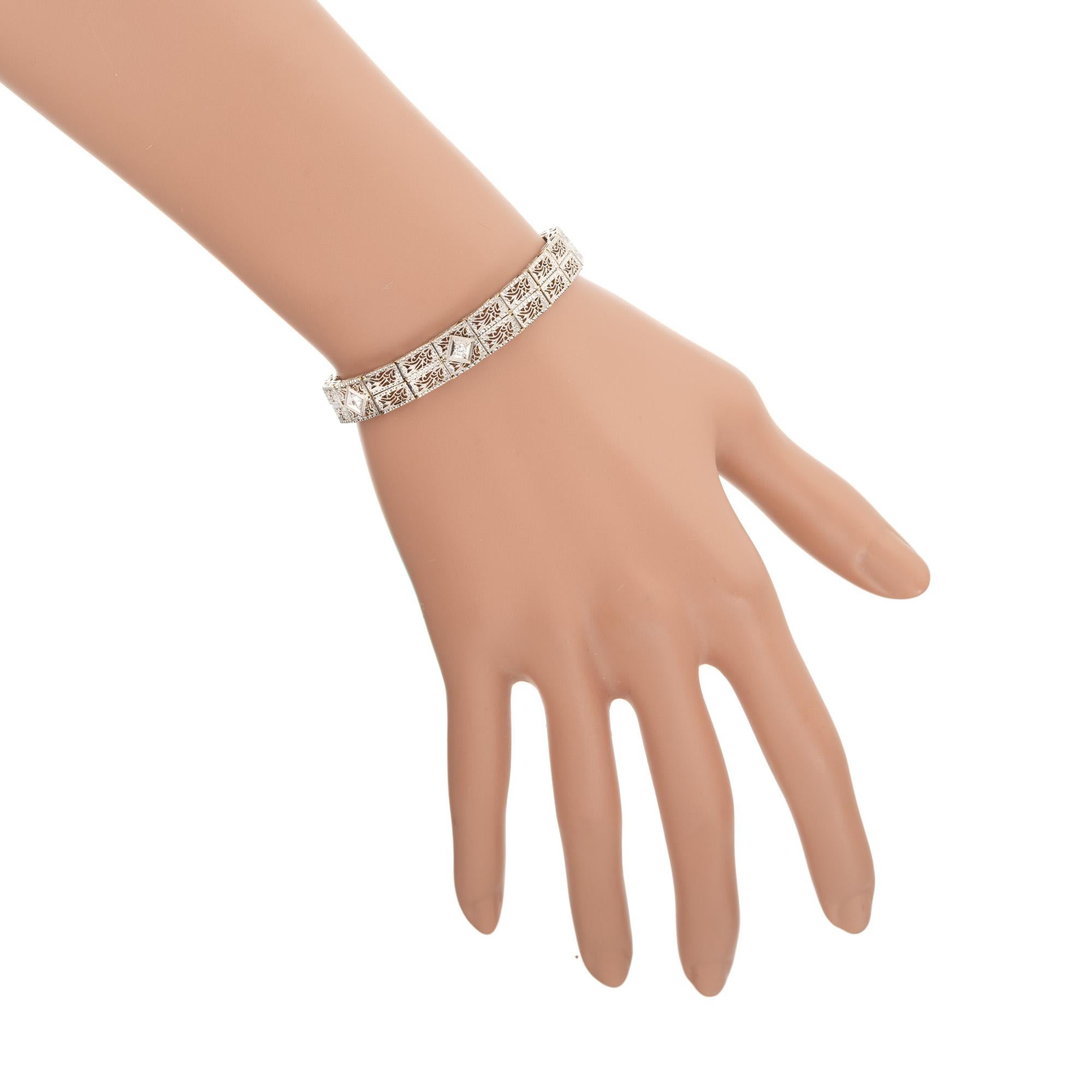 .12 Carat Round Diamond White Gold Art Deco Filigree Bracelet For Sale 1