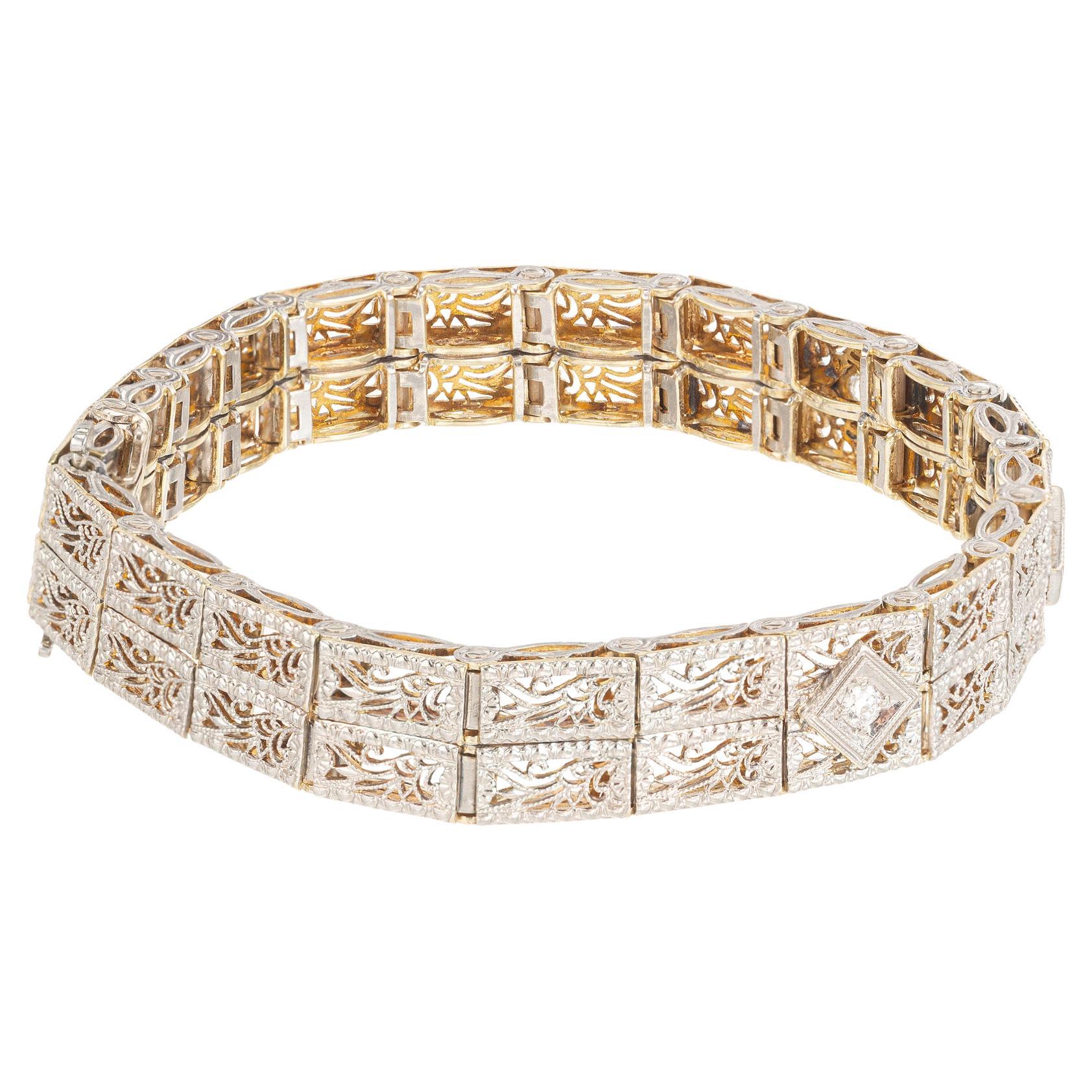 .12 Carat Round Diamond White Gold Art Deco Filigree Bracelet  For Sale