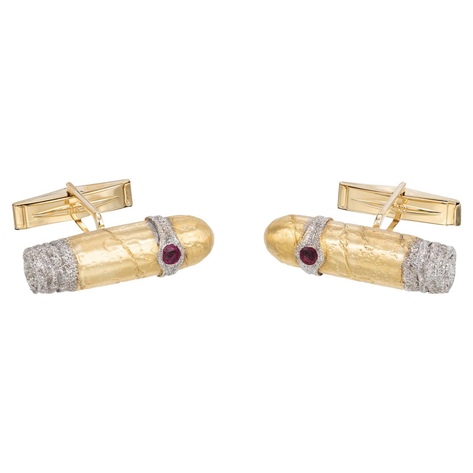 .12 Carat Ruby Two Tone Gold Cigar Men's Cufflinks For Sale