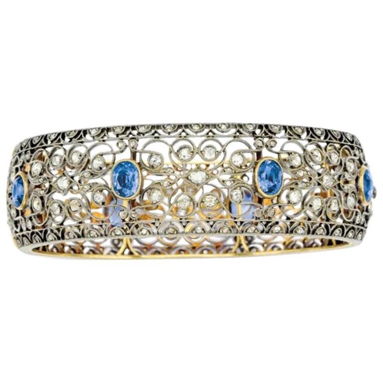 12 Carat Sapphire, 7 Carat Diamond, Silver and Gold Bangle Bracelet For Sale