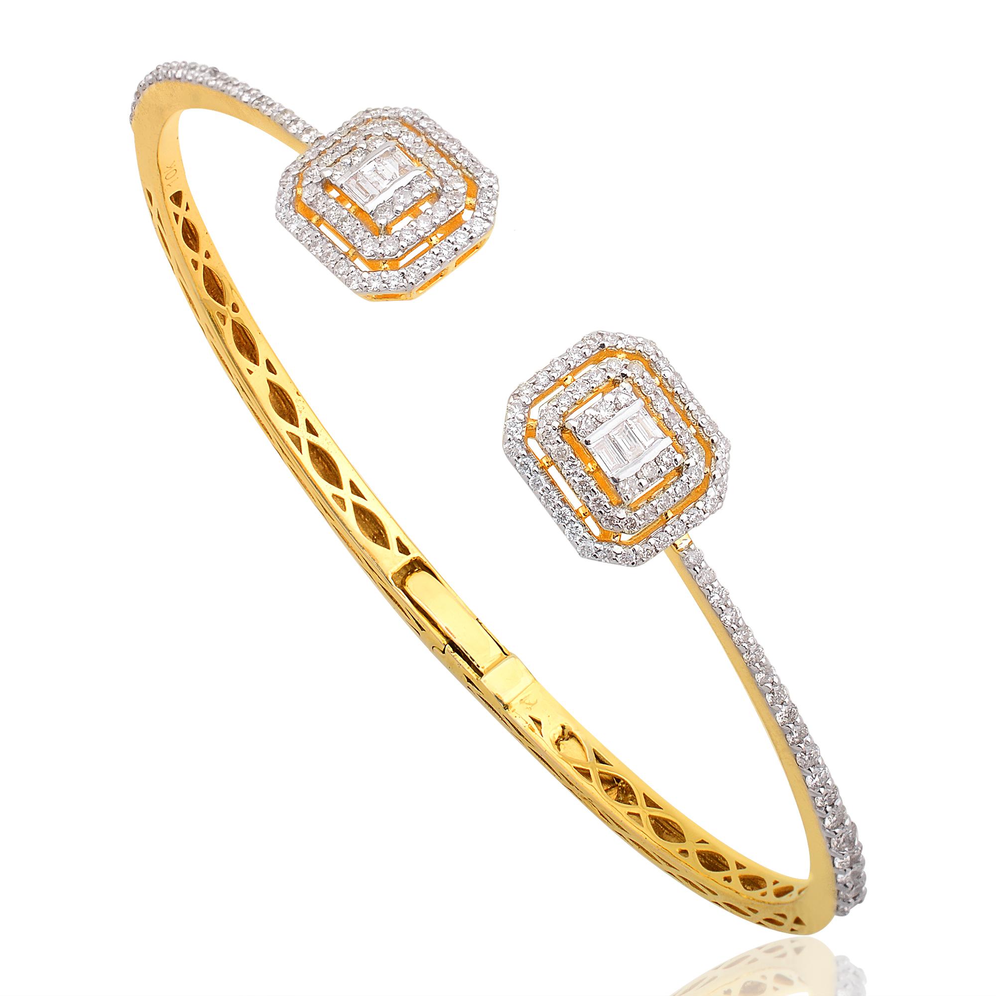 Moderne Bracelet manchette fine en or jaune massif 10 carats avec diamants baguettes SI/HI de 1,2 carat en vente