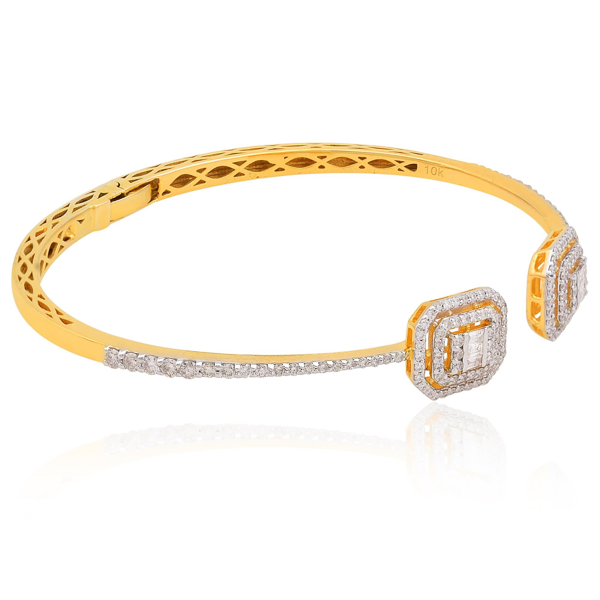 Taille baguette Bracelet manchette fine en or jaune massif 10 carats avec diamants baguettes SI/HI de 1,2 carat en vente