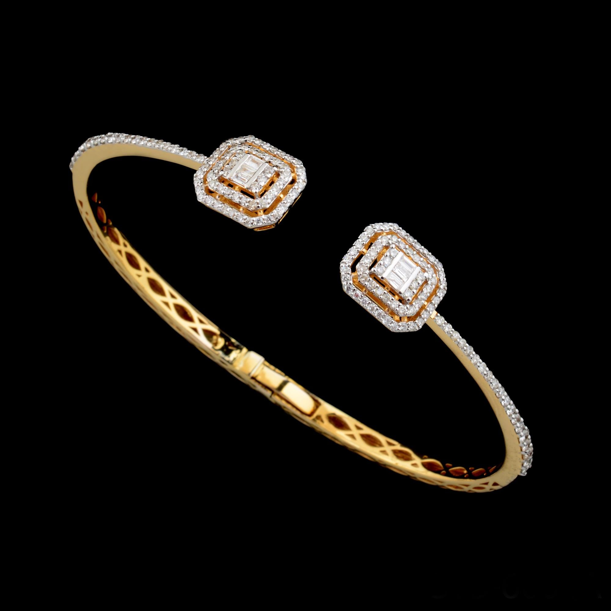Bracelet manchette fine en or jaune massif 10 carats avec diamants baguettes SI/HI de 1,2 carat en vente 1