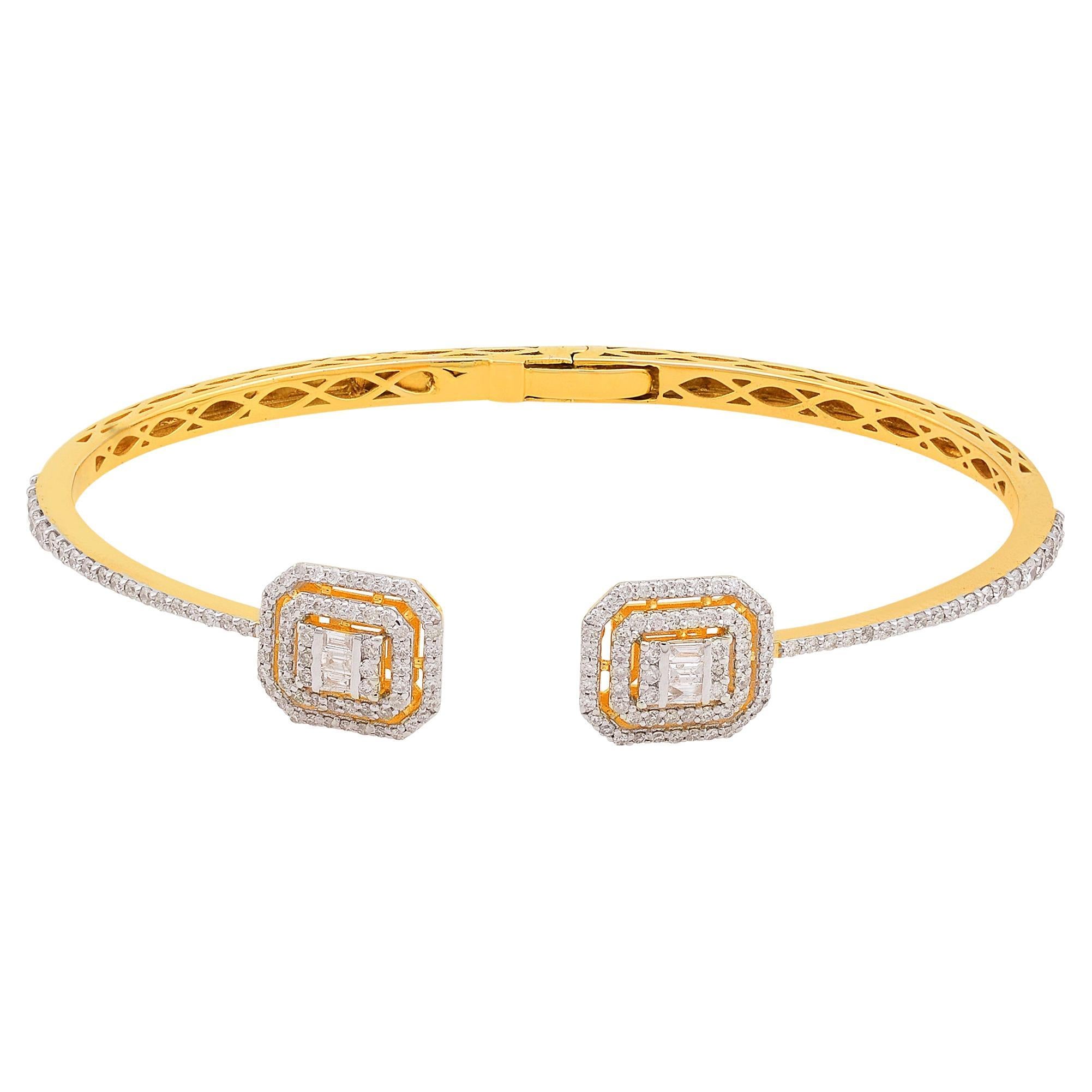 Bracelet manchette fine en or jaune massif 10 carats avec diamants baguettes SI/HI de 1,2 carat en vente