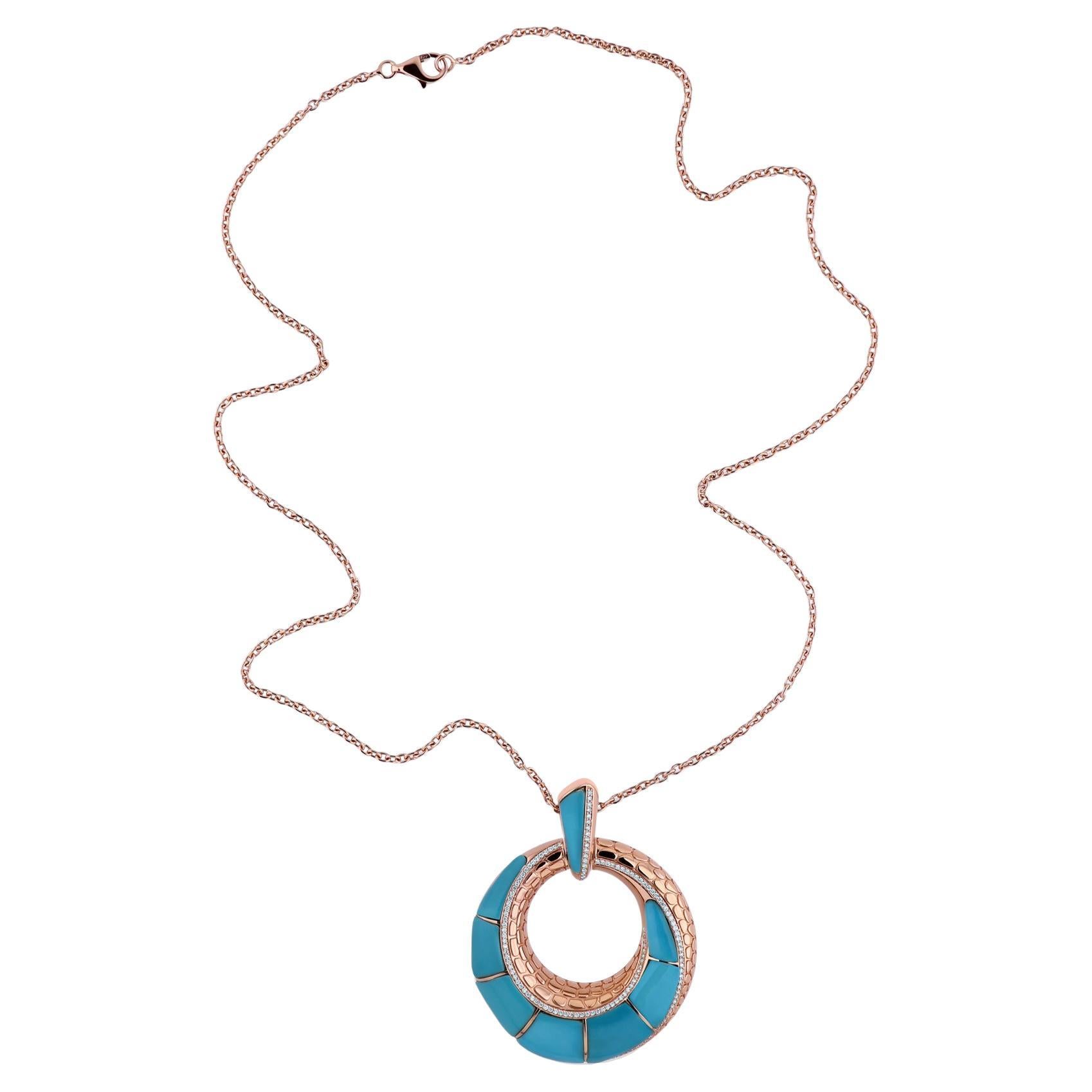 12 Carat Turquoise 0.69 Carat SI/H Diamond Pendant Necklace 18 Karat Rose Gold For Sale