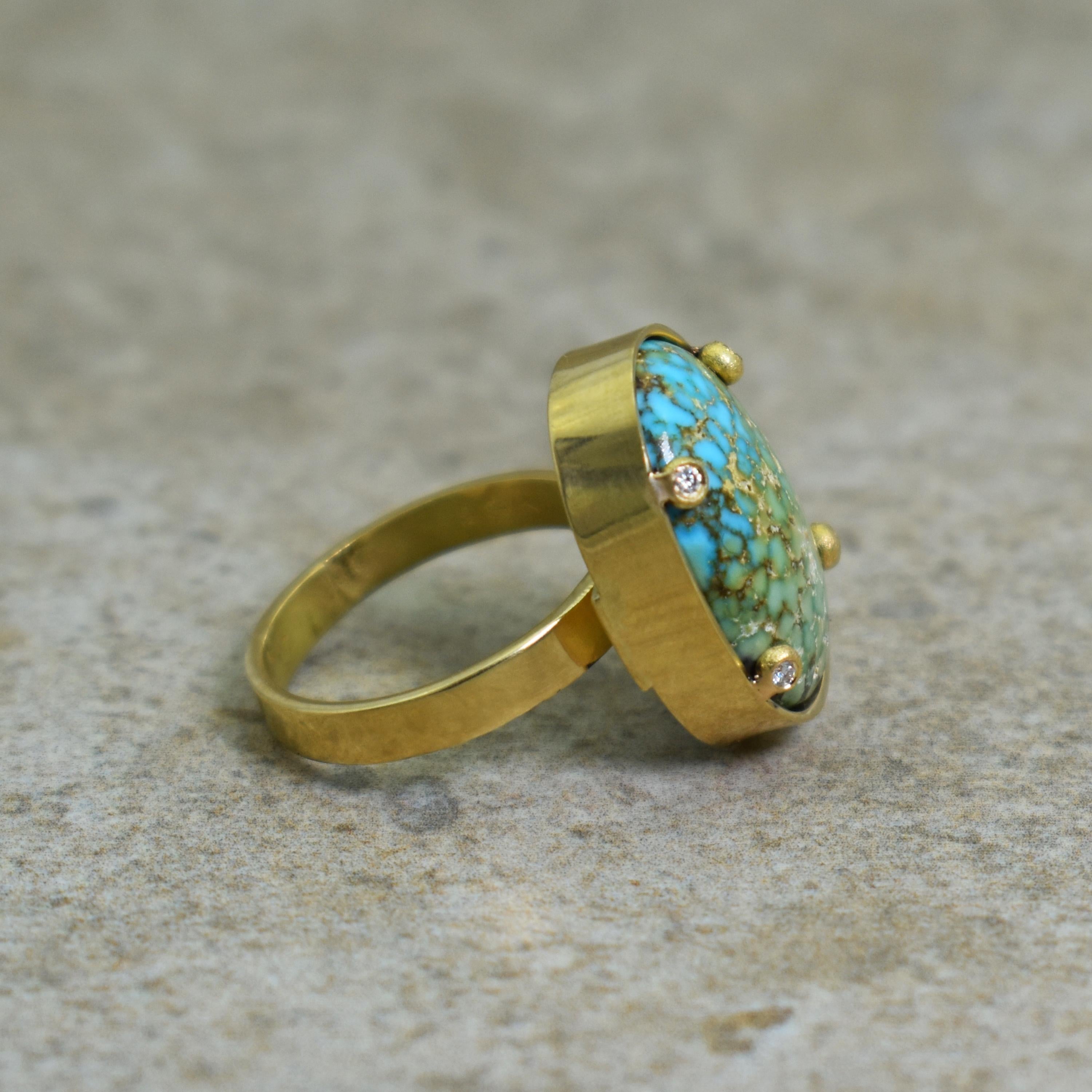 Cabochon 12 Carat Turquoise Mountain, Diamond and 18 Karat Gold Ring