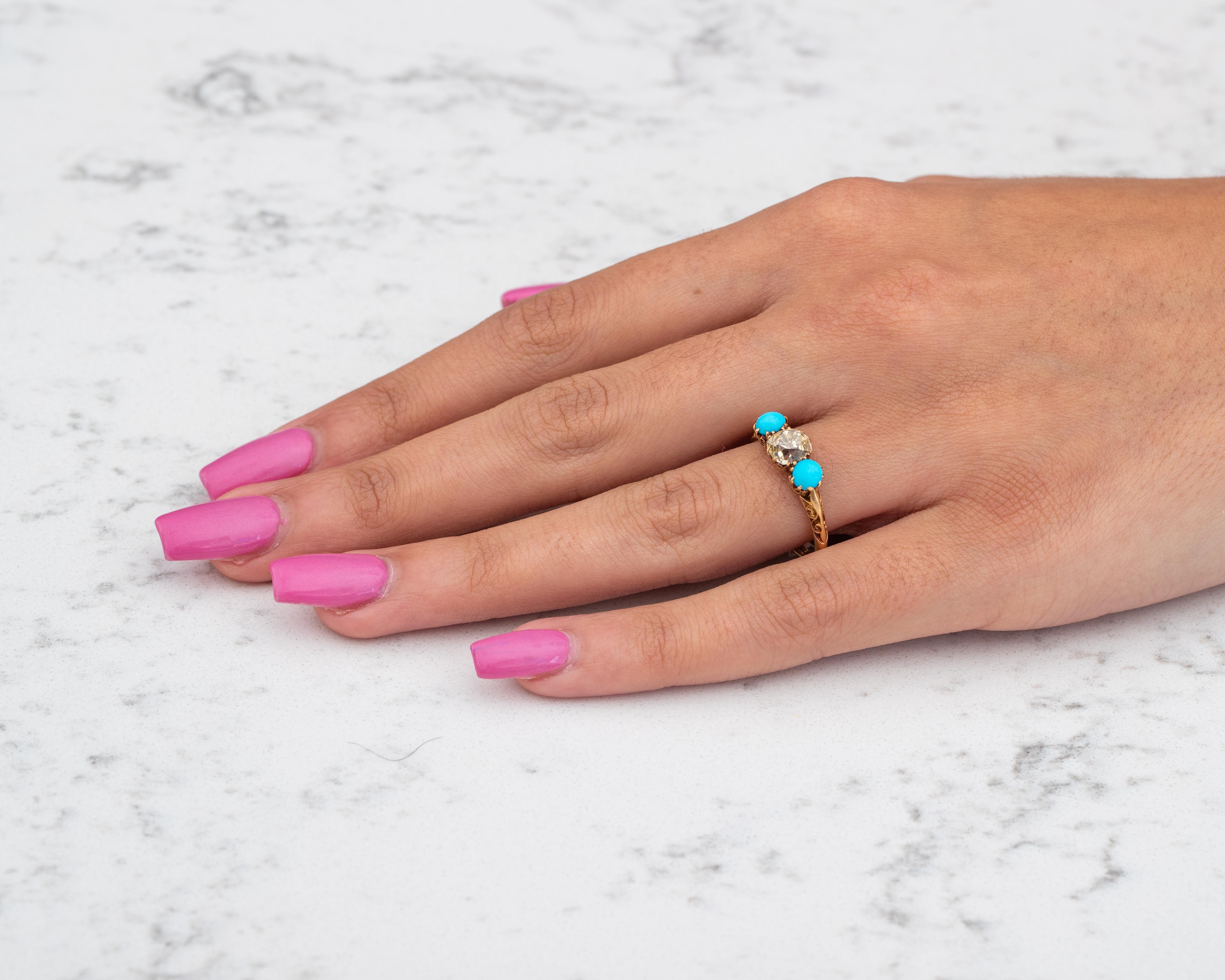 1.2 Carat Victorian Old Mine Cushion Cut and Turquoise Ring, circa 1880s 13