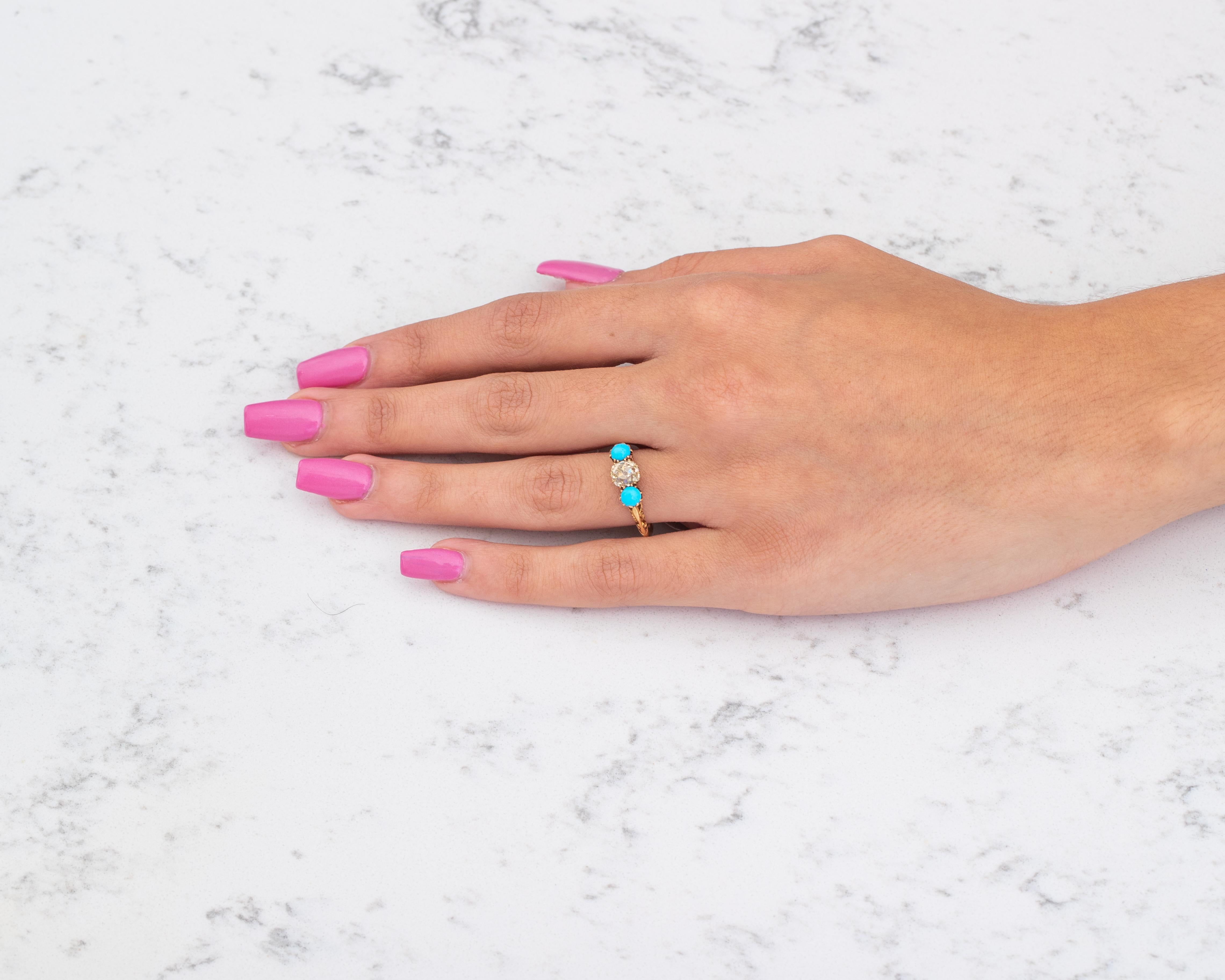 1.2 Carat Victorian Old Mine Cushion Cut and Turquoise Ring, circa 1880s 14