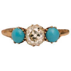 Antique 1.2 Carat Victorian Old Mine Cushion Cut and Turquoise Ring, circa 1880s