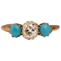 1.2 Carat Victorian Old Mine Cushion Cut and Turquoise Ring, circa 1880s