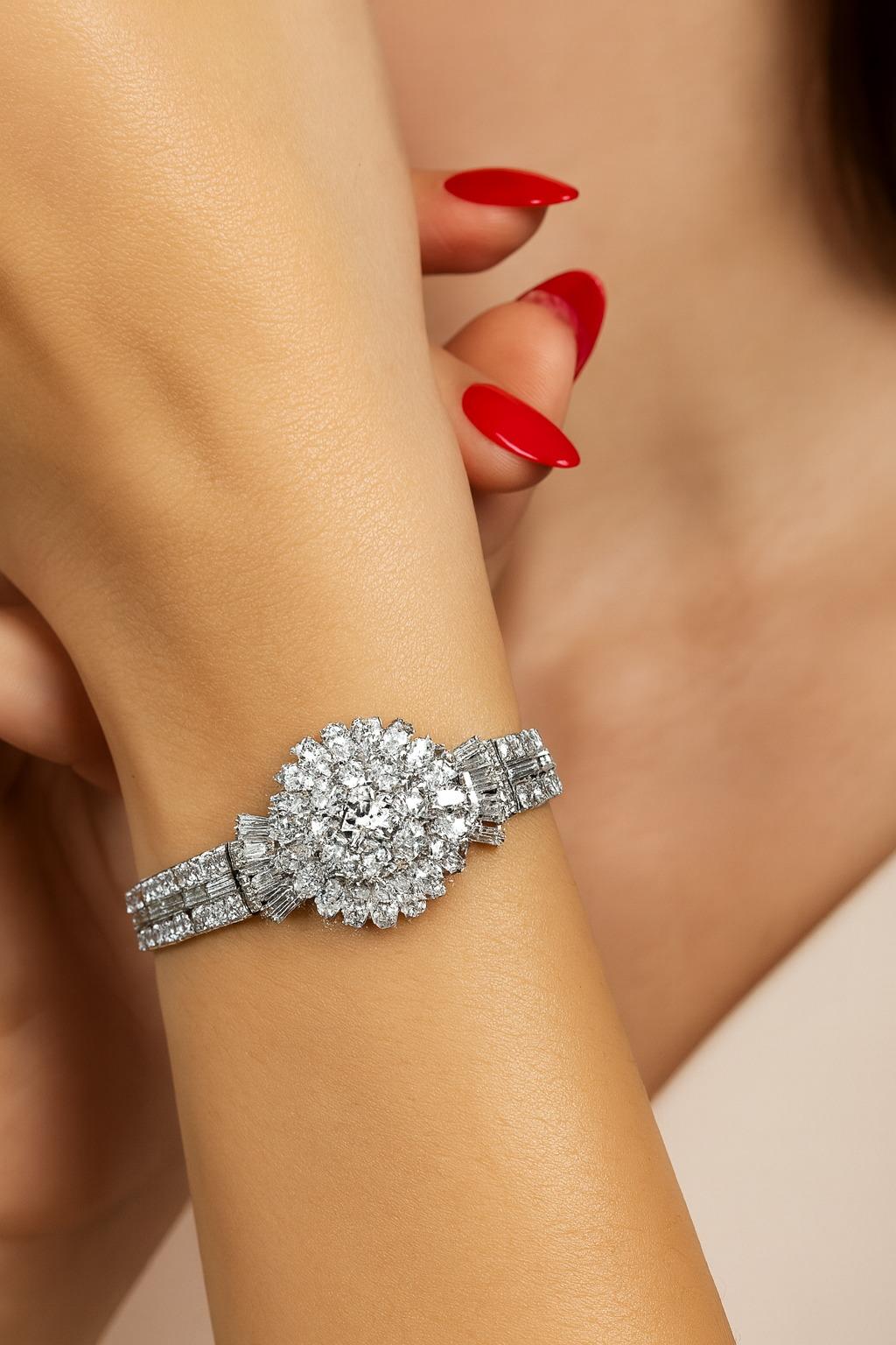 12 quilates Vintage Estate Hamilton Platino Baguette Marquise Ronda Diamante Reloj en venta 1