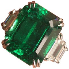 12 Carat Vivid Green Zambian Emerald 5-Stone Diamond Ring