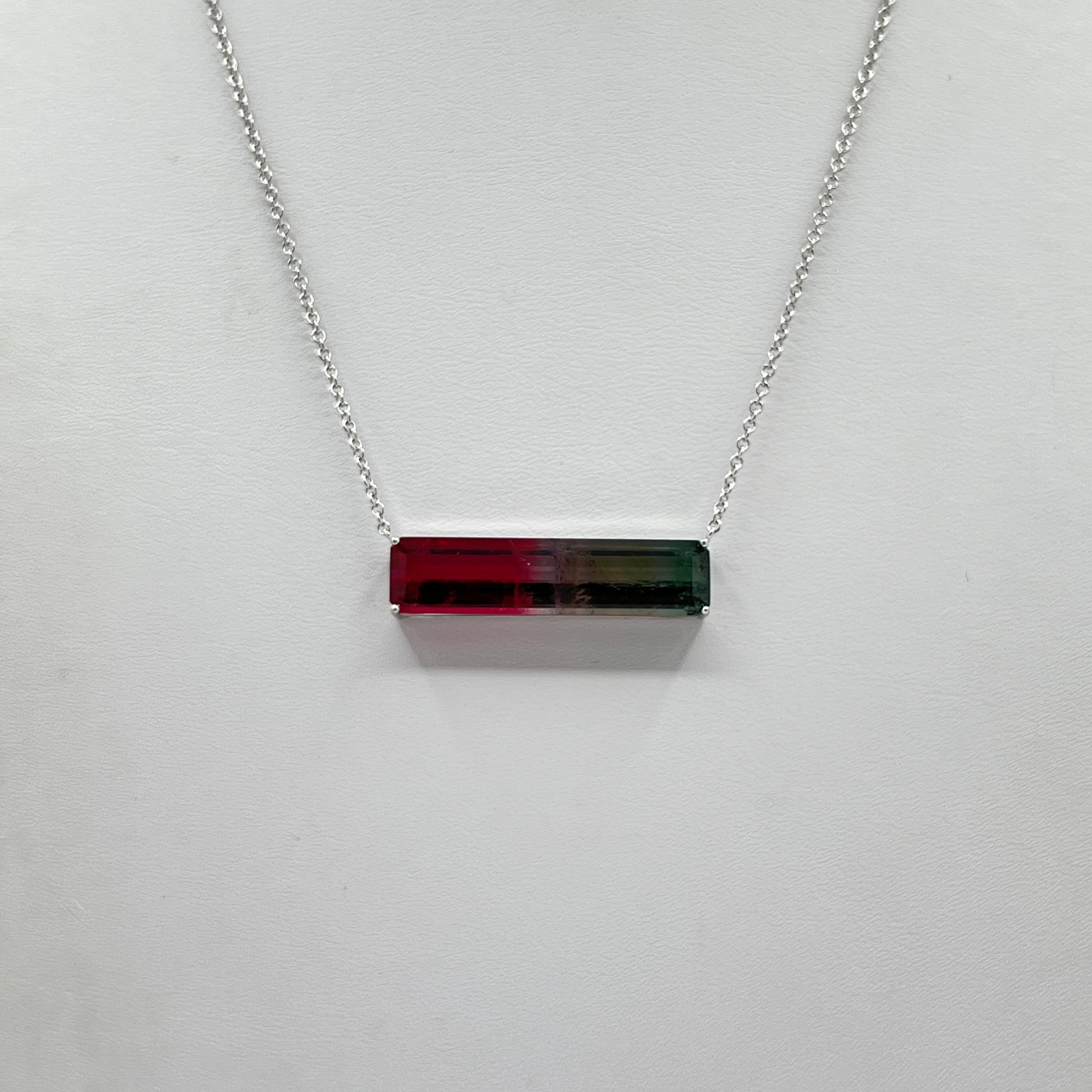 12 Carat Watermelon Rectangular Tourmaline Necklace in 18K White Gold For Sale