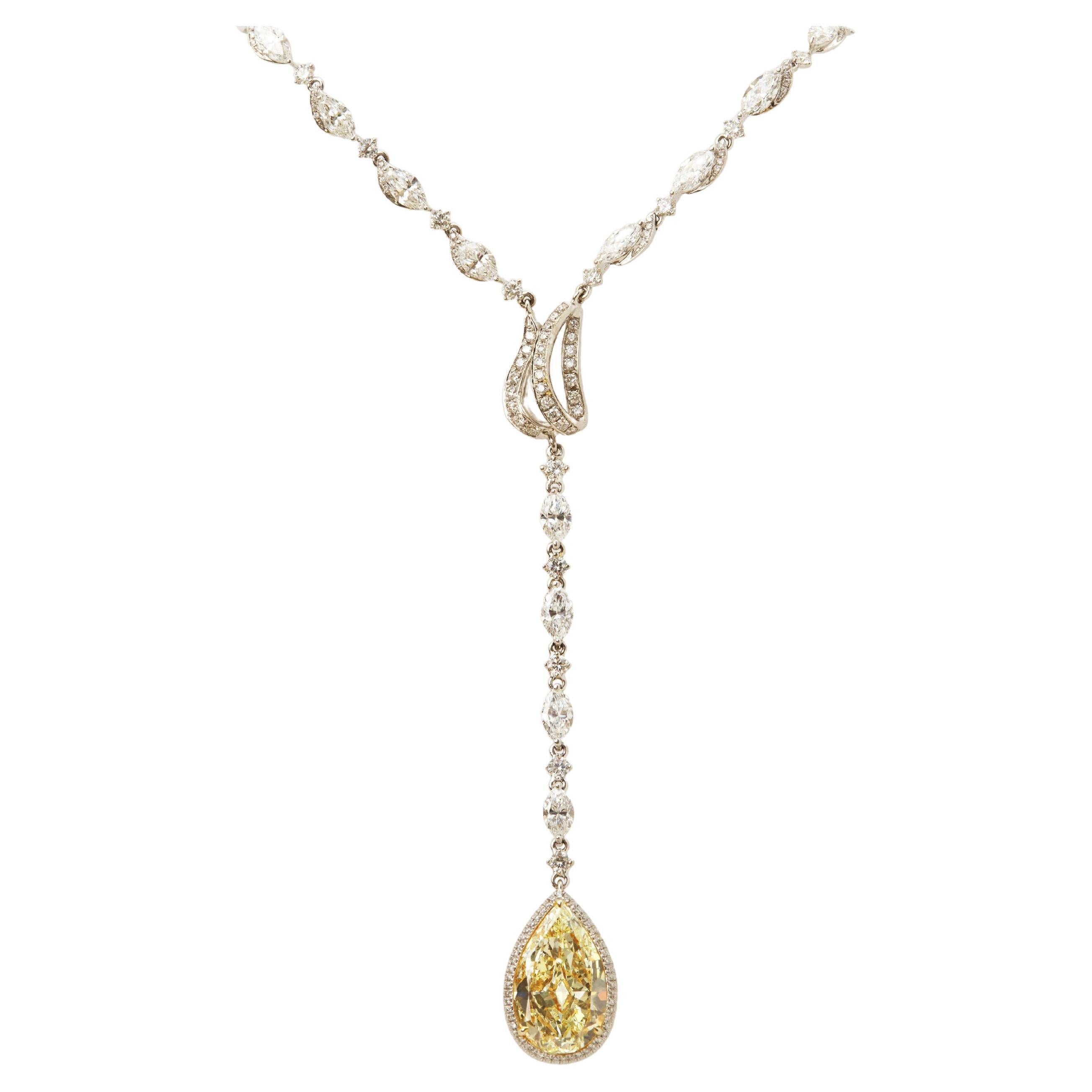12 Carat Yellow and White Diamond Station Drop Necklace 18K Gold For Sale