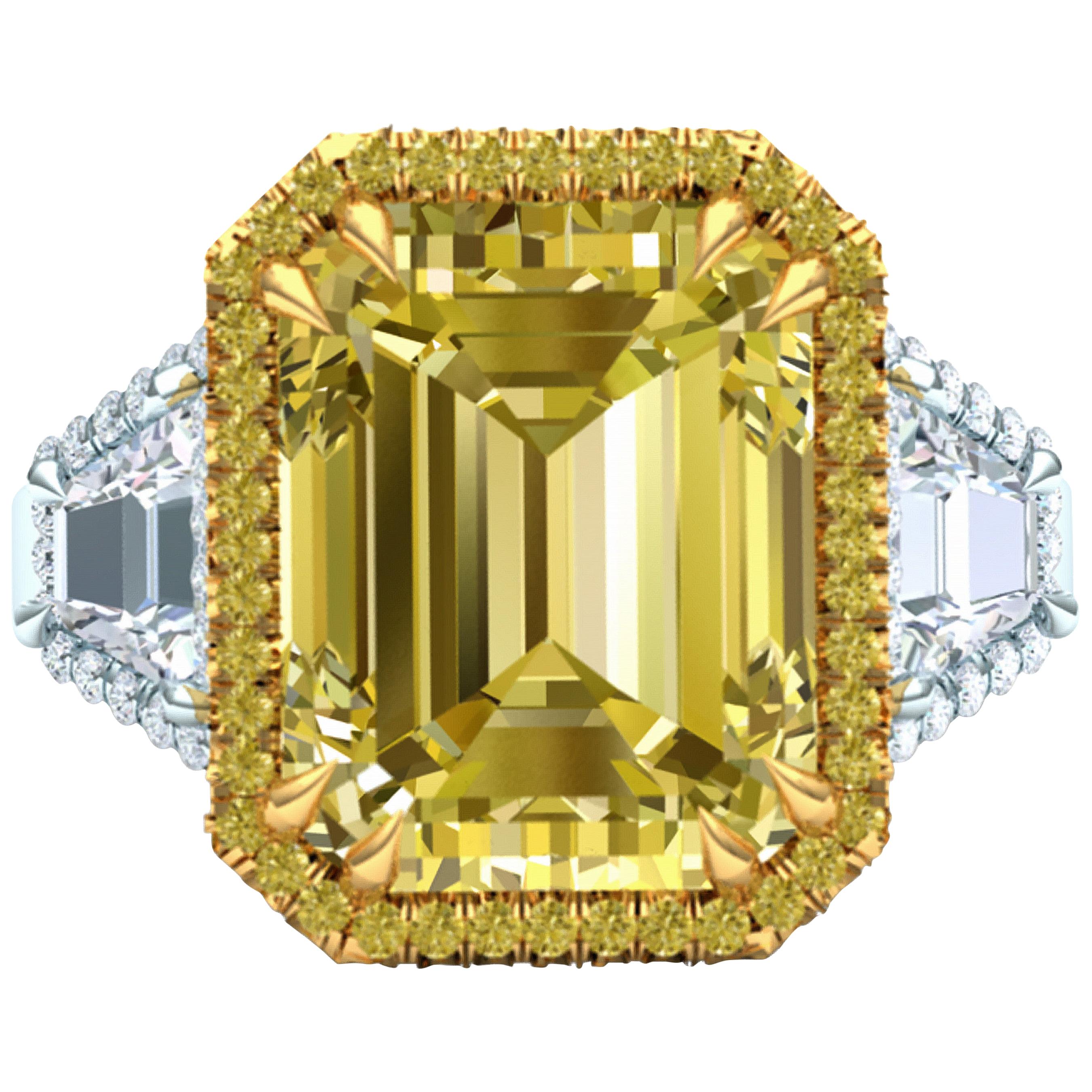 12 Carat Yellow Sapphire Emerald Cut Three-Stone Halo Cocktail Ring