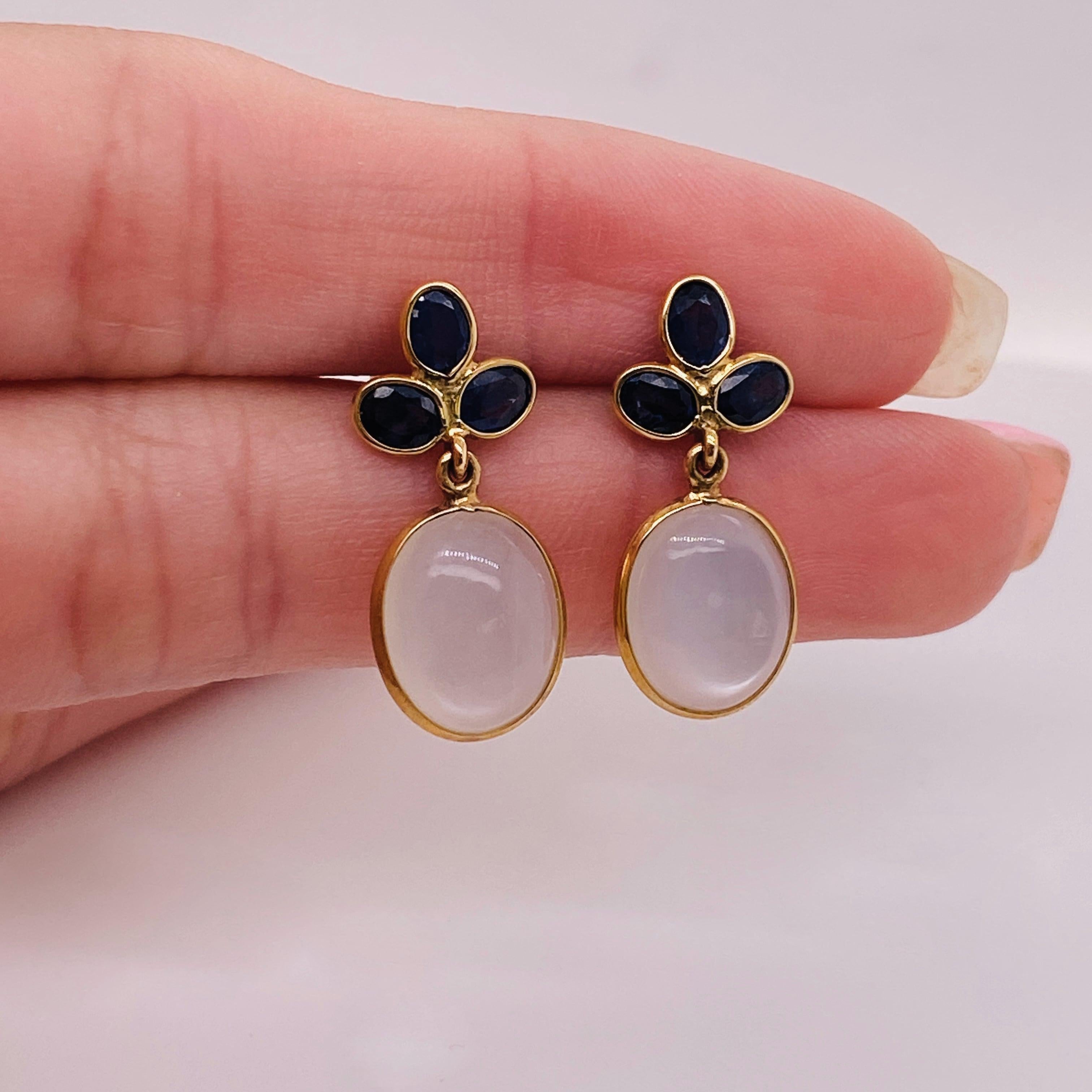 These beauties would be perfect for a wedding! The gorgeous shimmer to the moonstones (so hard to catch in photos!) are like the bright white shimmer of a wedding dress. The dainty blue sapphires make a beautiful cluster on the ear, suspending the