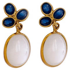 12 Carats Moonstones 1.50 Carats Sapphires, 18k Yellow Gold, Wedding Earrings