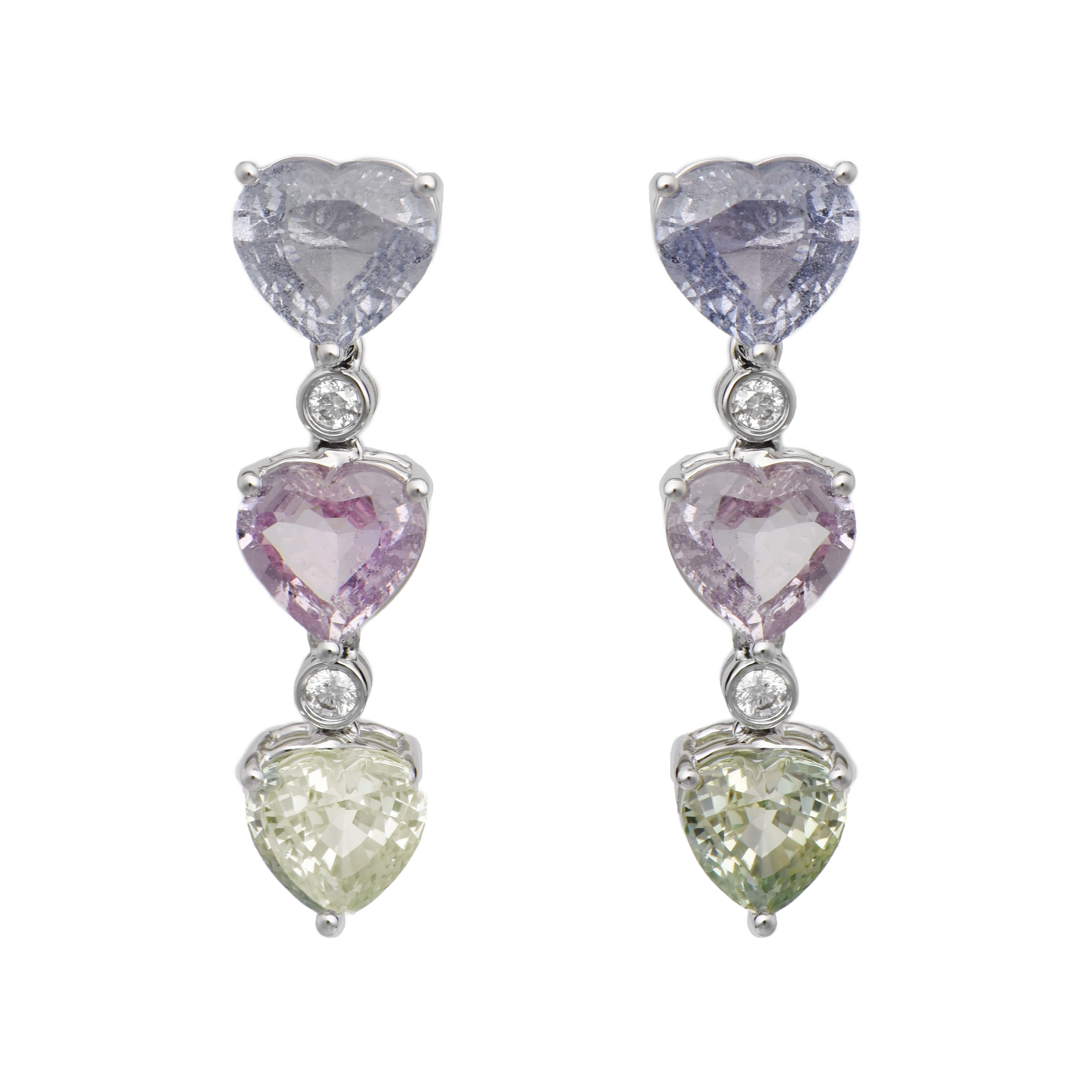 Heart Cut 12 Carats Sapphire and White Diamond White Gold Earrings For Sale