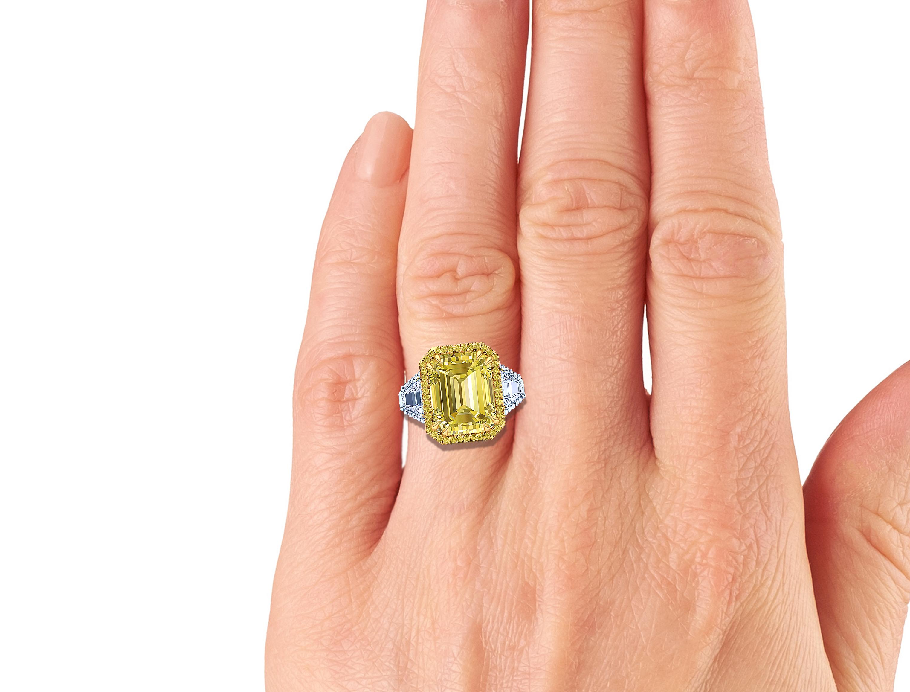 Modern 12 Carat Yellow Sapphire Emerald Cut Three-Stone Halo Cocktail Ring