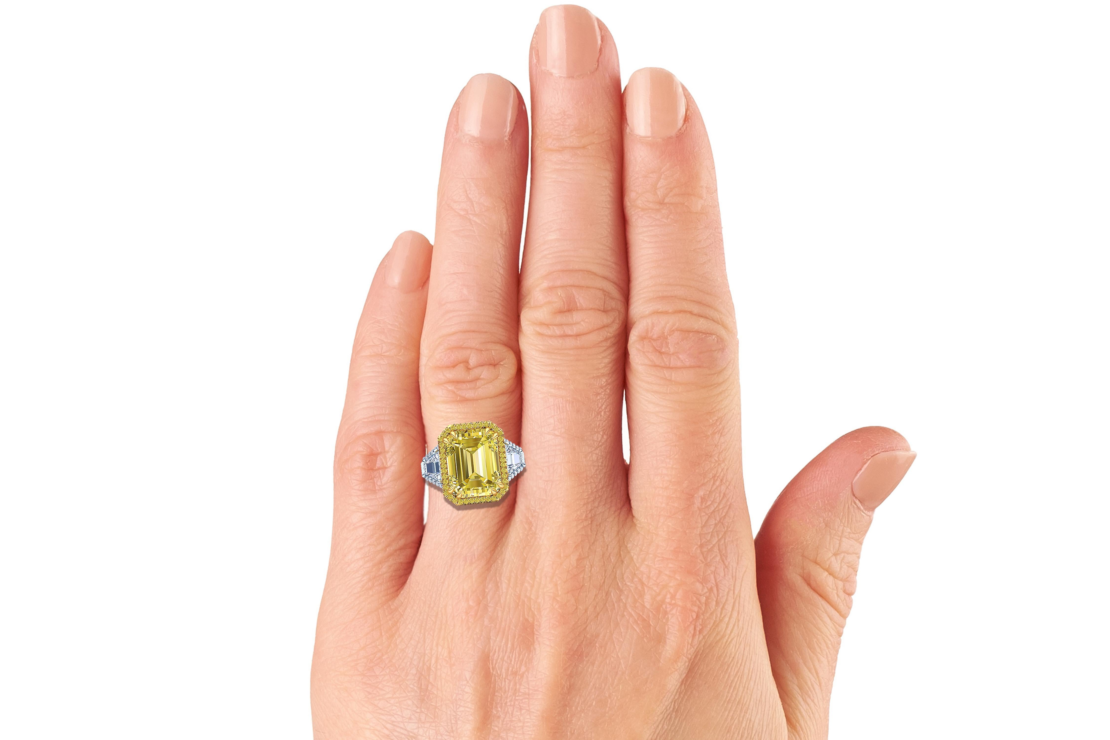 12 Carat Yellow Sapphire Emerald Cut Three-Stone Halo Cocktail Ring In Excellent Condition In Aliso Viejo, CA