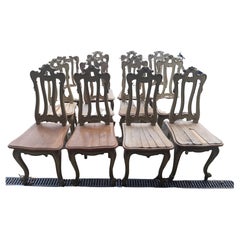 Antique 12 Carved Patinated Green Italian Louis XV Style Dining Room Chairs