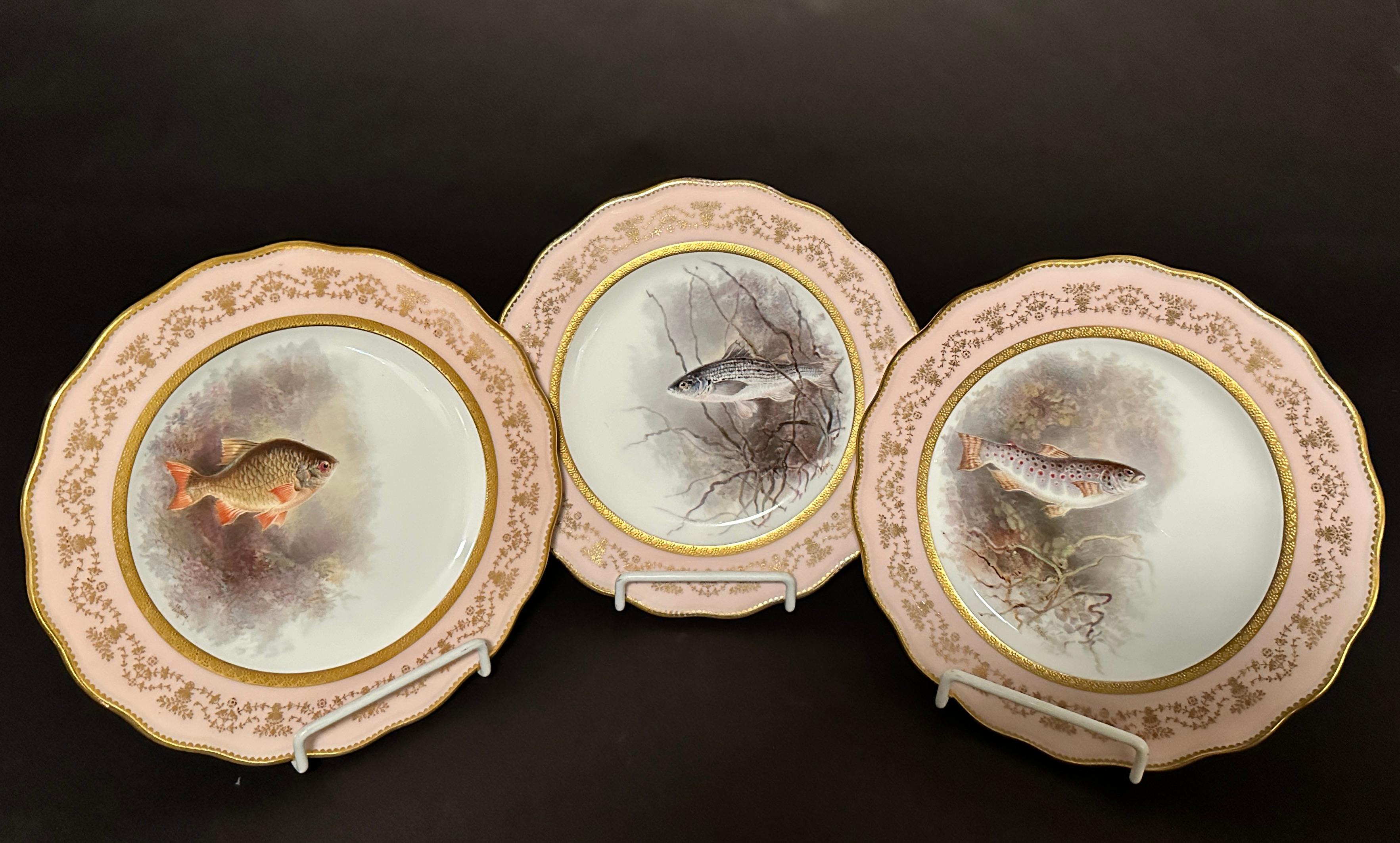 12 Platos de Pescado de Porcelana Pintada Cauldon England Inglés en venta