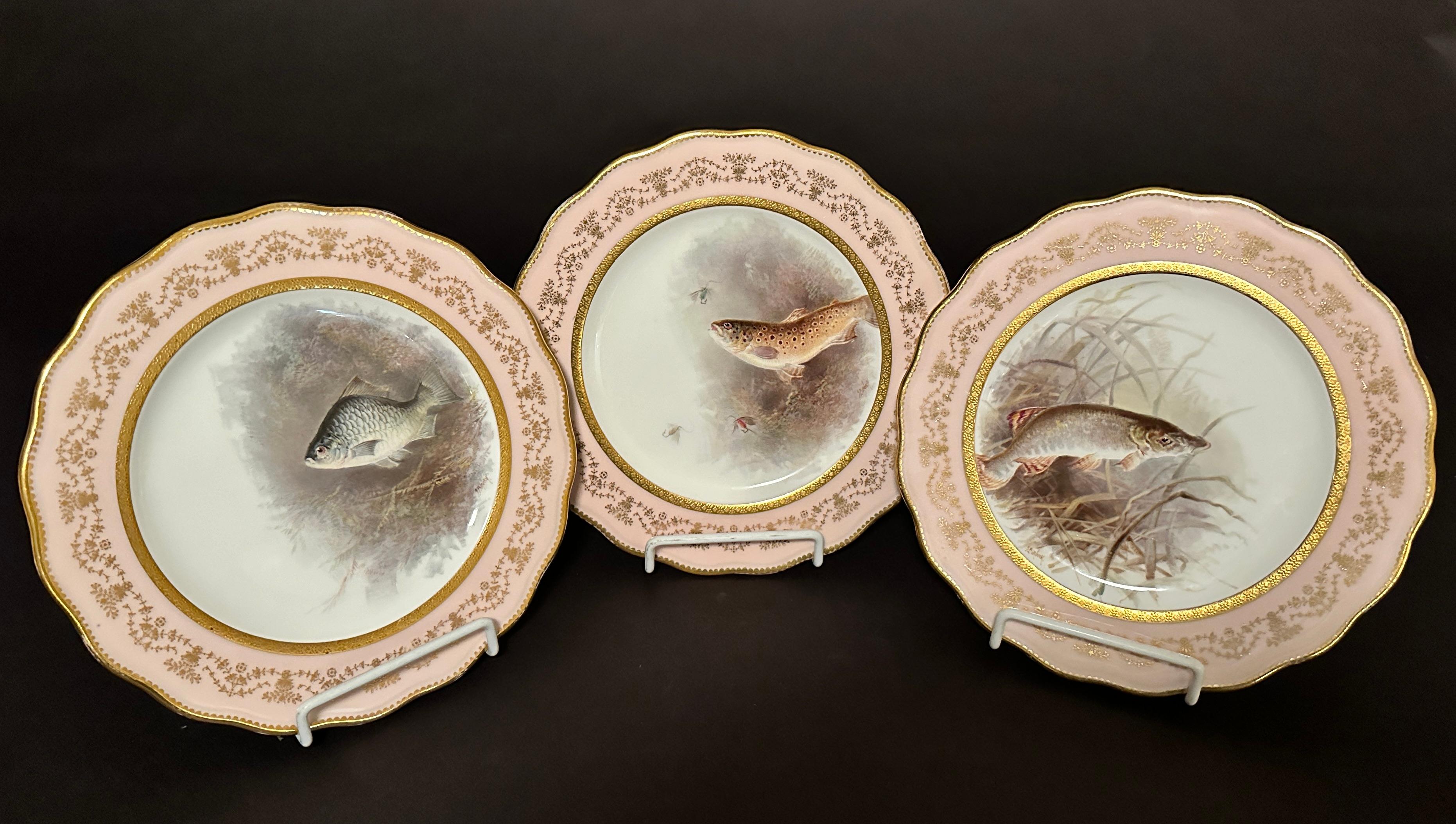 12 Platos de Pescado de Porcelana Pintada Cauldon England Pintado a mano en venta