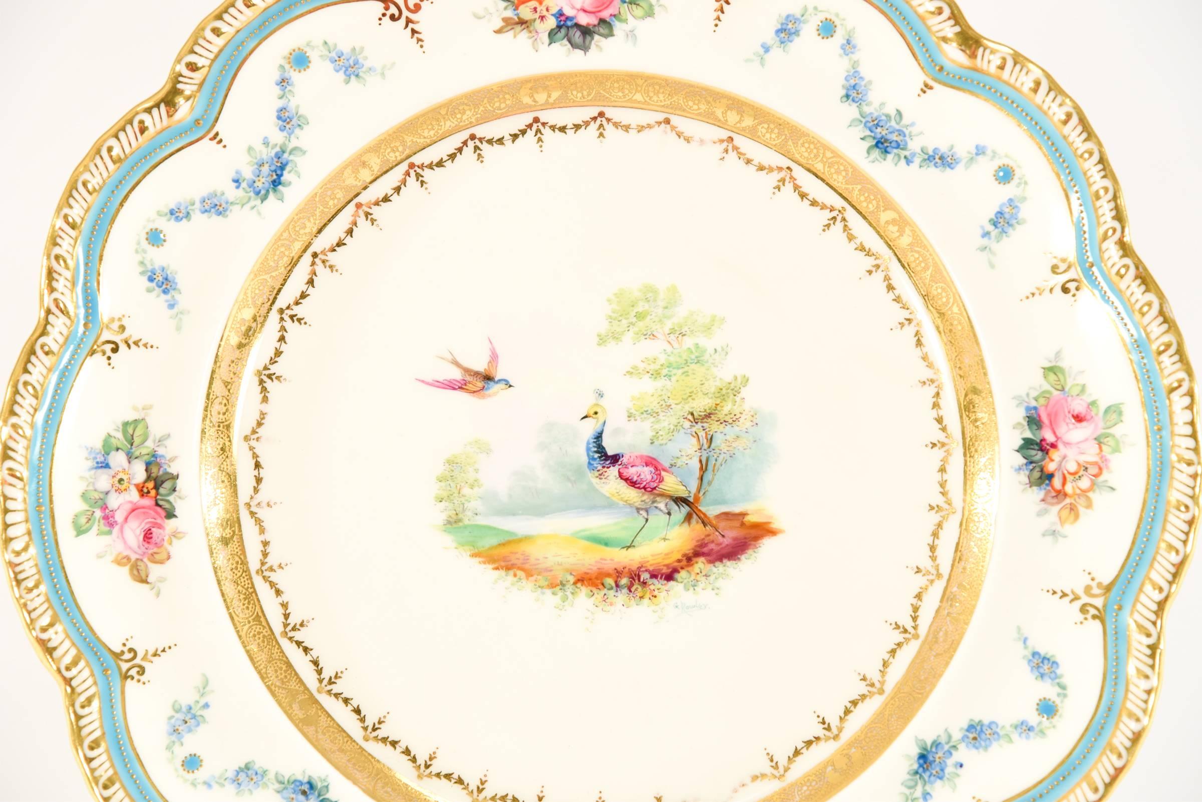 Gilt 12 Cauldon Hand Painted Signed G Rowley Ornate Exotic Bird & Floral Desserts For Sale