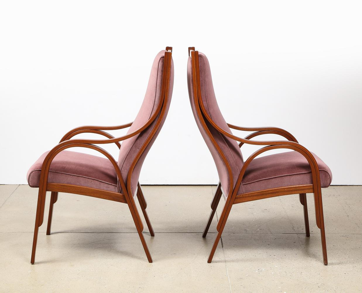 Bent wood, velvet upholstery. Tall back armchairs can be used as desk chair, dining chair, or side chairs. Produced by Sim and awarded an honorable mention in 1960s Compasso d’Oro. Wood has been refinished and seats reupholstered on two chairs.