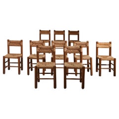 12 Chairs in the Style of Charlotte Perriand Pine Frame and New Woven Rope Seats