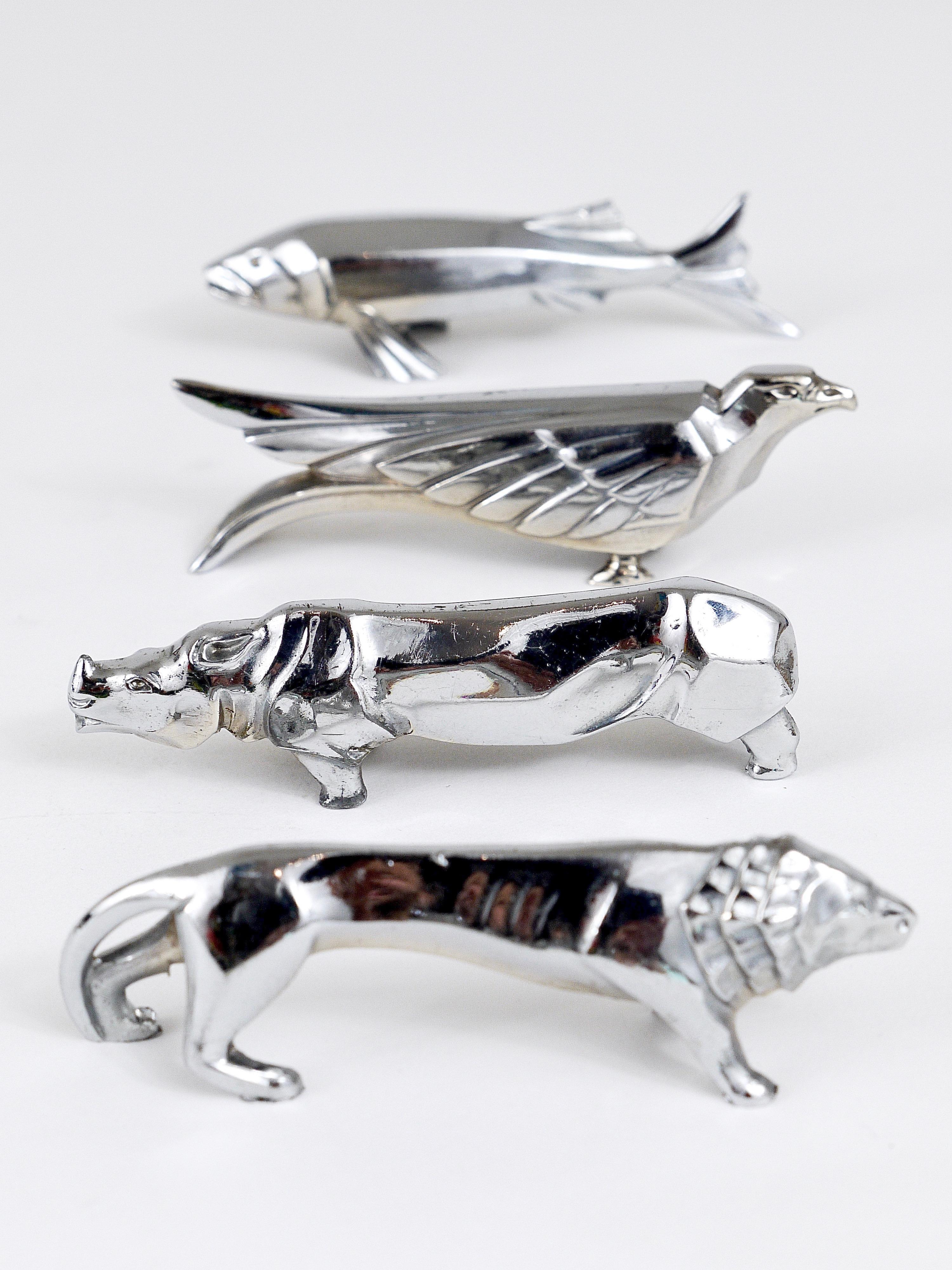 French 12 Charming Art Deco Animal Sculpture Nickel-Plated Knife Rests, France, 1930s