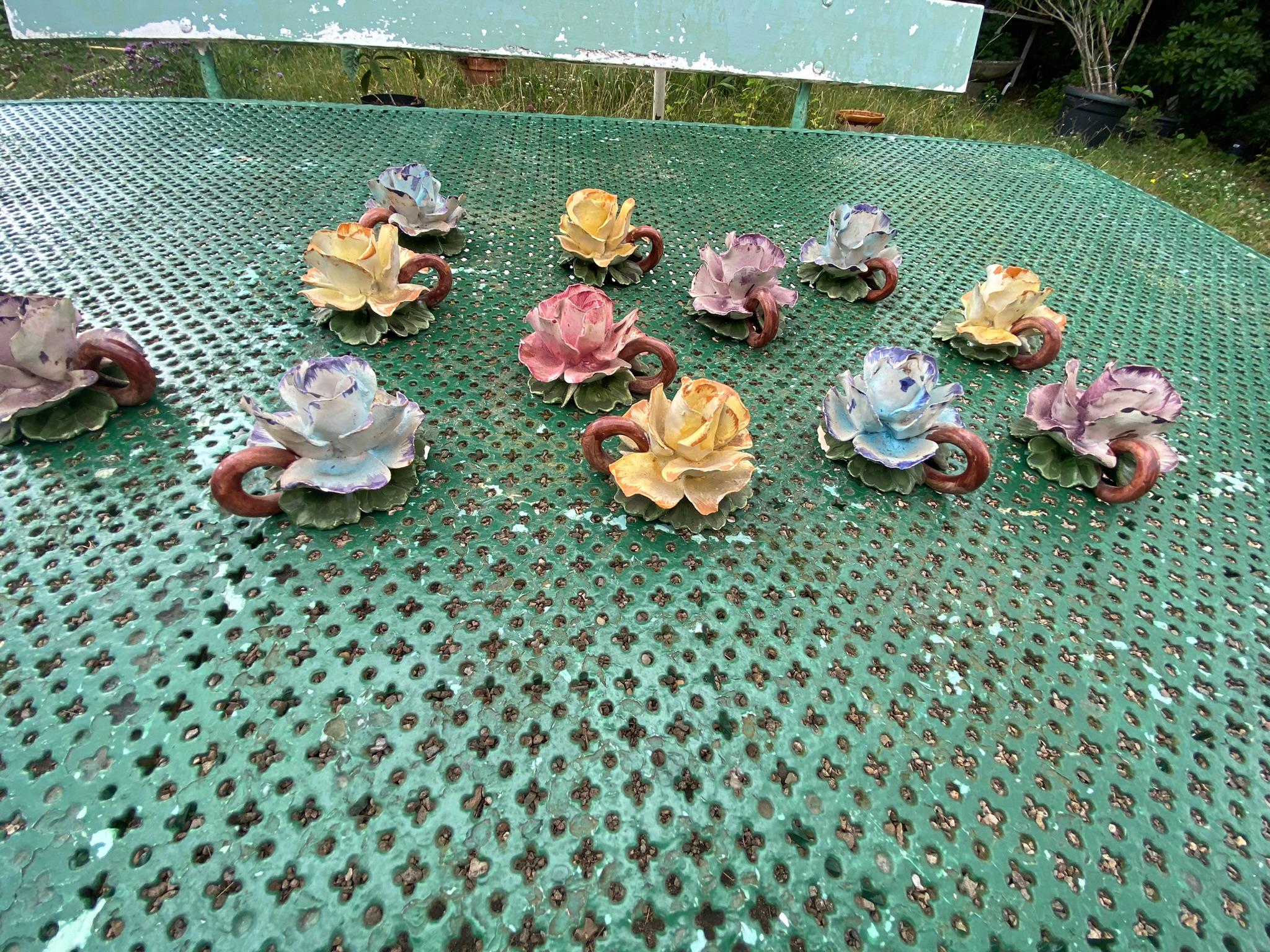 French 12 charming little ceramic candle holders circa 1950 Vallauris style  For Sale